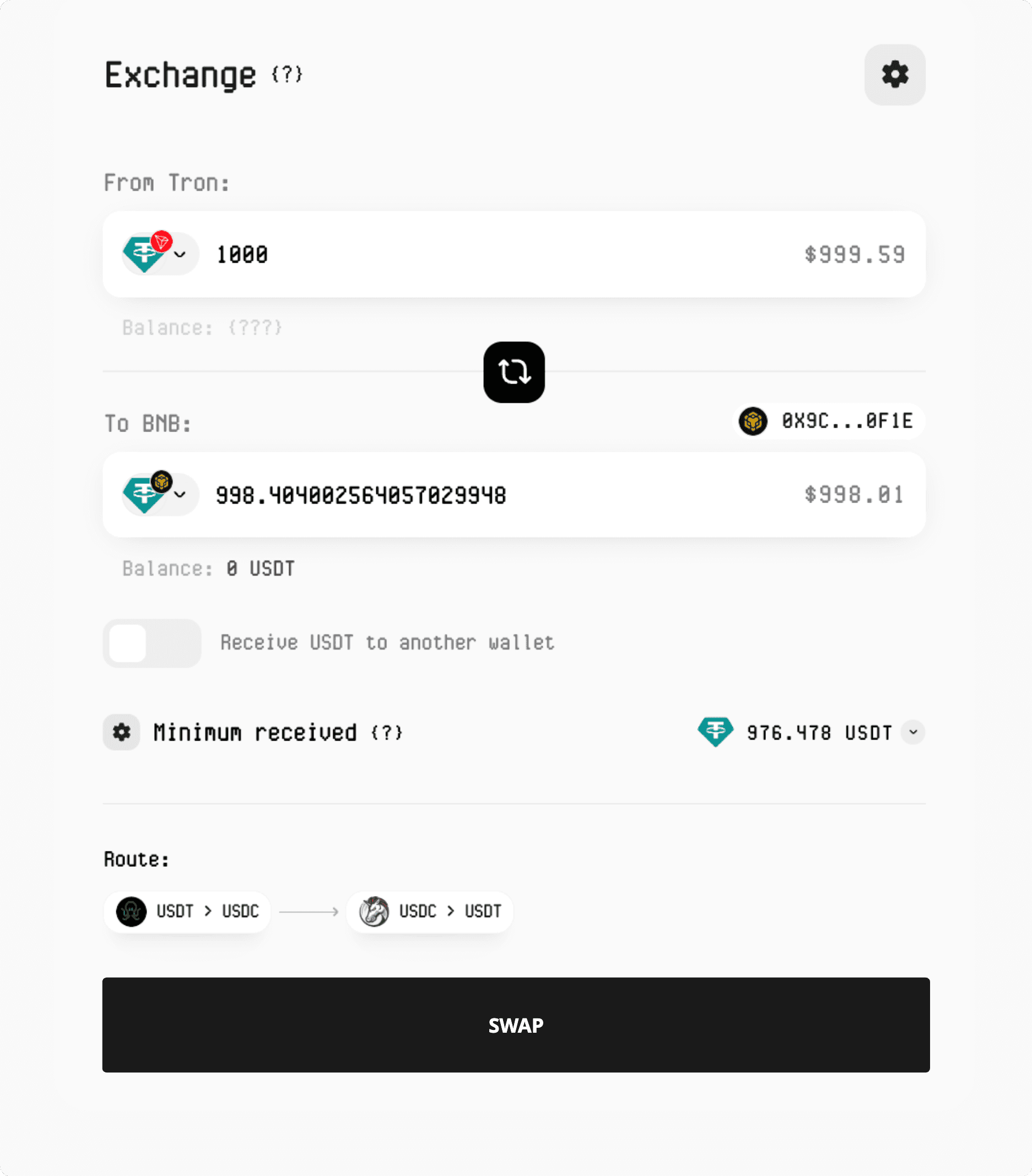 USDT TRC20 to BEP20 cross-chain bridge route example in Symbiosis WebApp