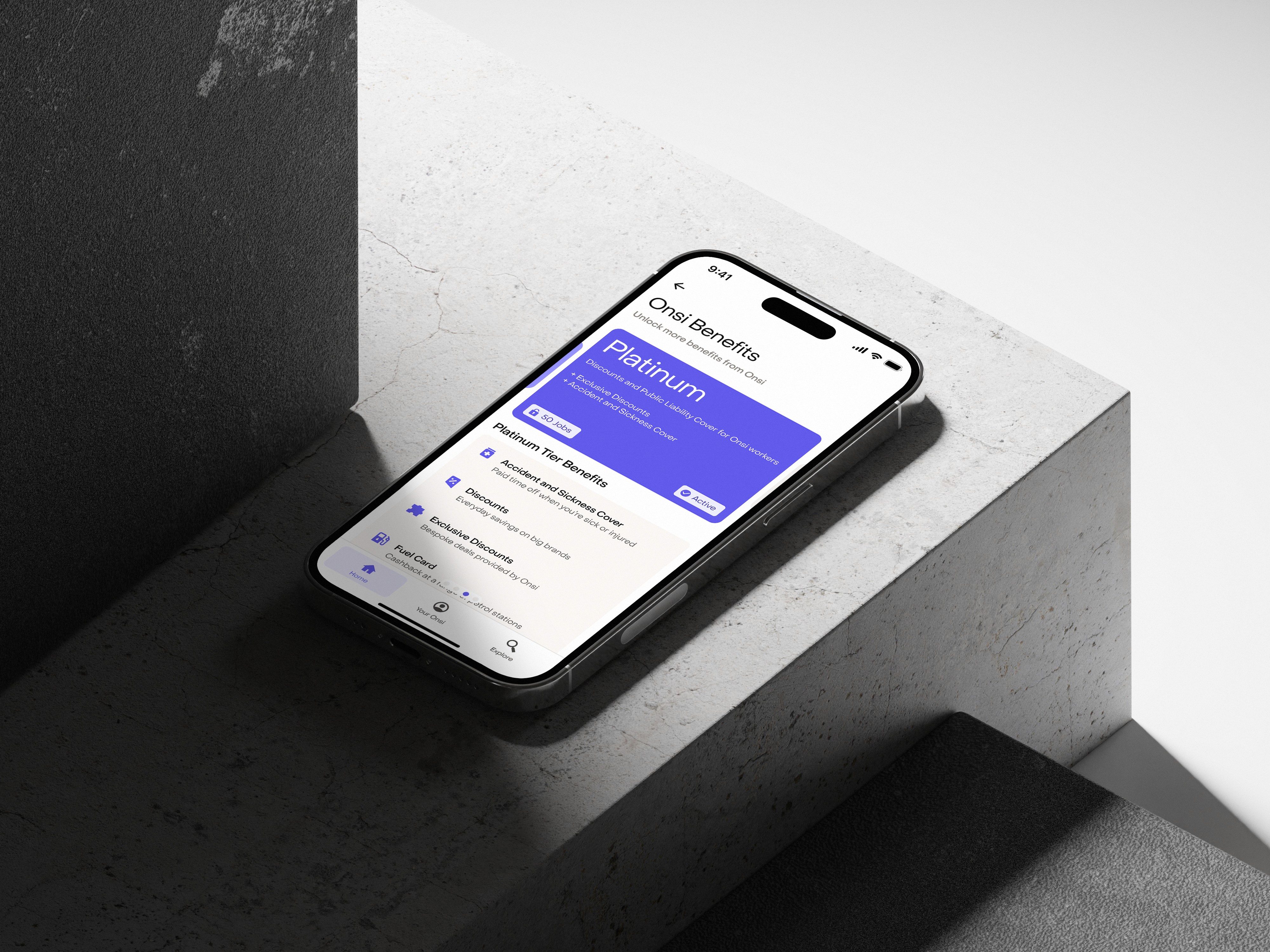 Picture of a phone displaying the Onsi tiers in-app