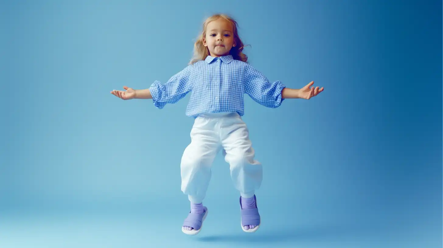 Child mid-jump in a cheerful blue and white outfit, set against a matching blue background, symbolizing enthusiasm and limitless potential.