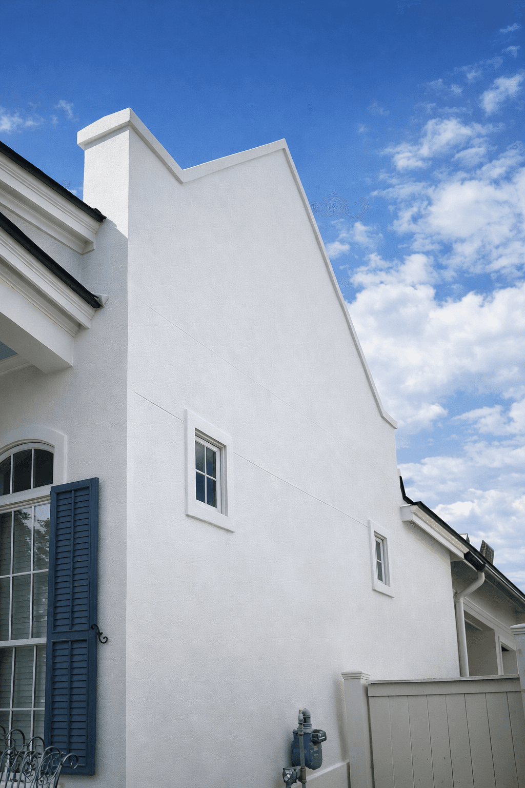 Two-story white house with a wraparound balcony overlooks a clear blue swimming pool. Palm trees and potted plants add a tropical vibe under a sunny sky.