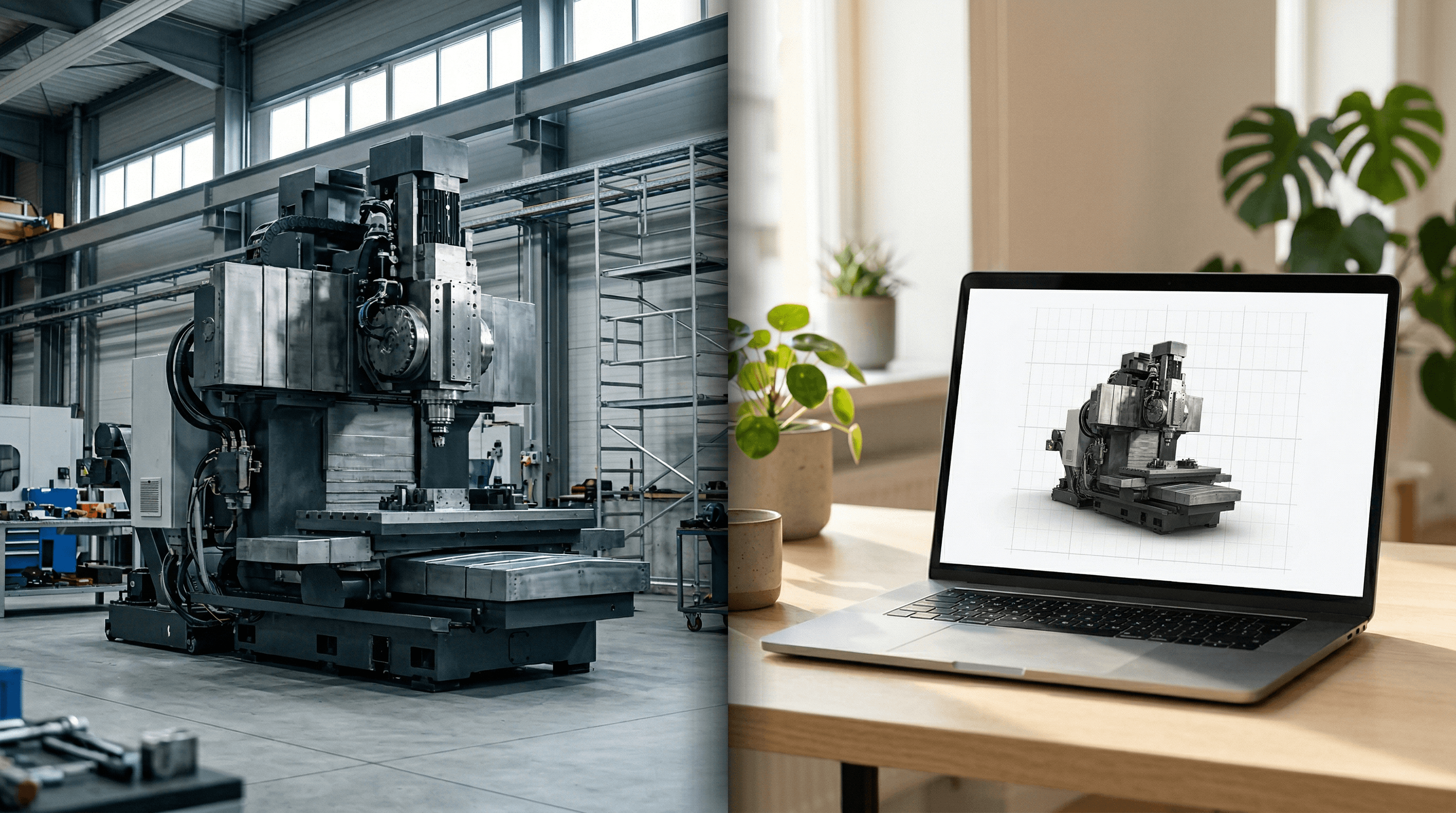 A split composition showing a large industrial CNC machine on a factory floor on the left, and the same machine displayed as an interactive 3D product experience on a laptop screen in a modern office environment on the right — illustrating how industrial OEMs can demo complex equipment to buyers anywhere in the world without physically shipping it.