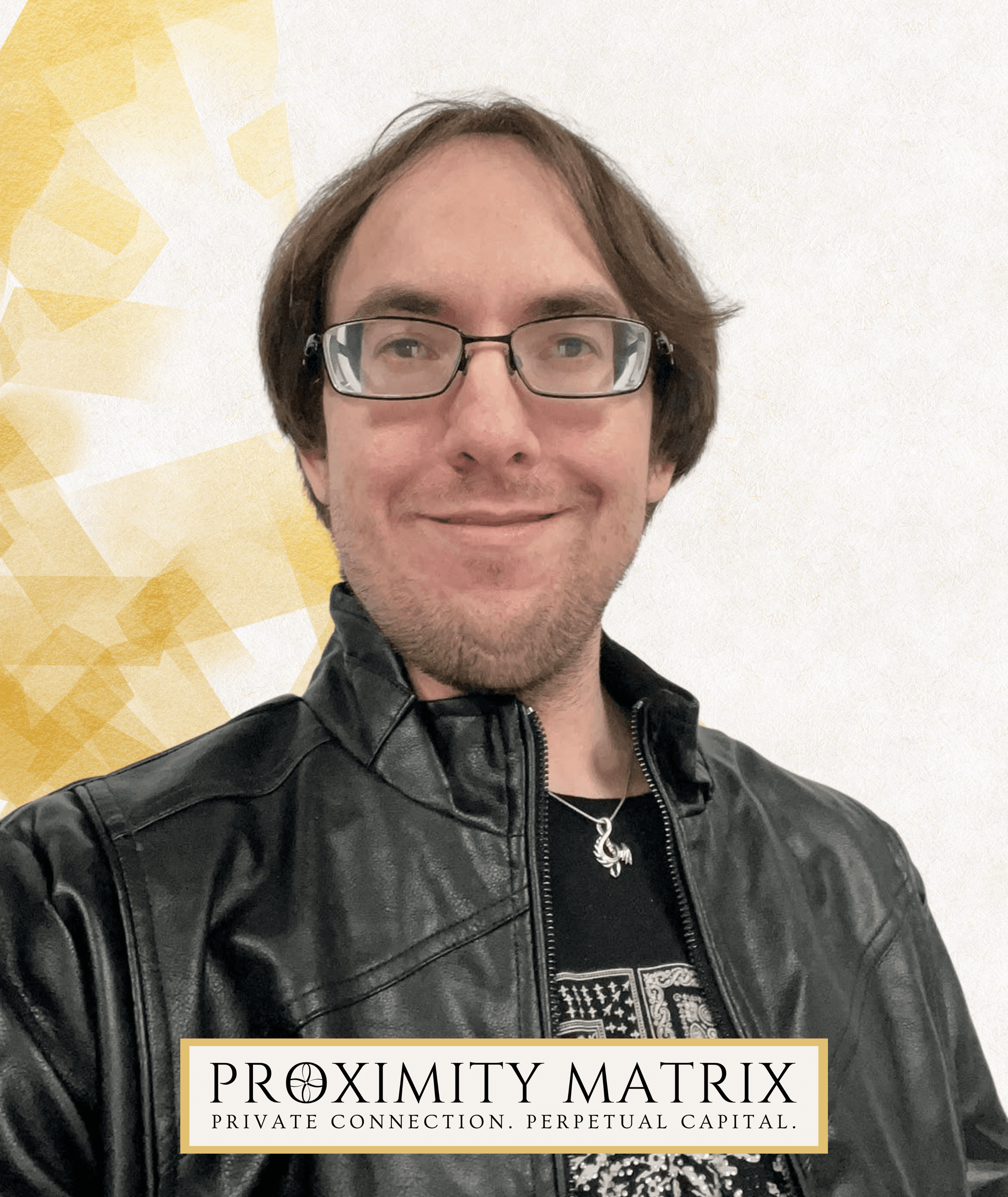 Johnathan Jena in a leather jacket against a gold background with the text PROXIMITY MATRIX at the bottom center of the screen.