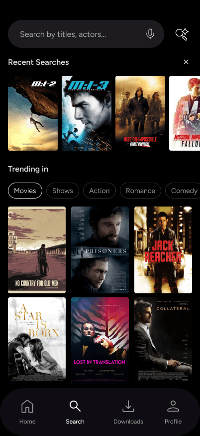 A standard search interface with recent history and trending categories alongside the "Smart Search" entry point