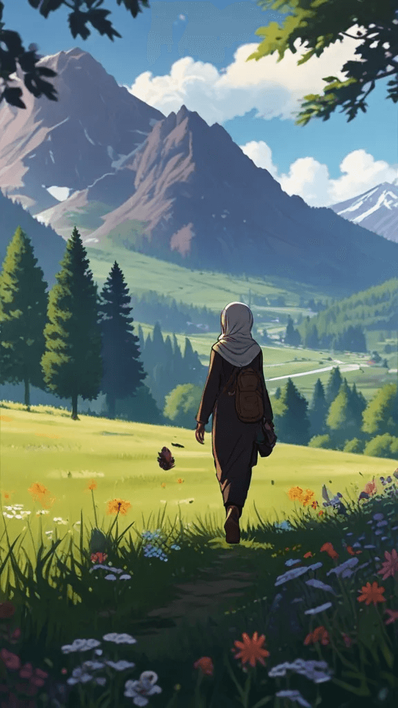 a girl walking from a dark forest into a green heaven