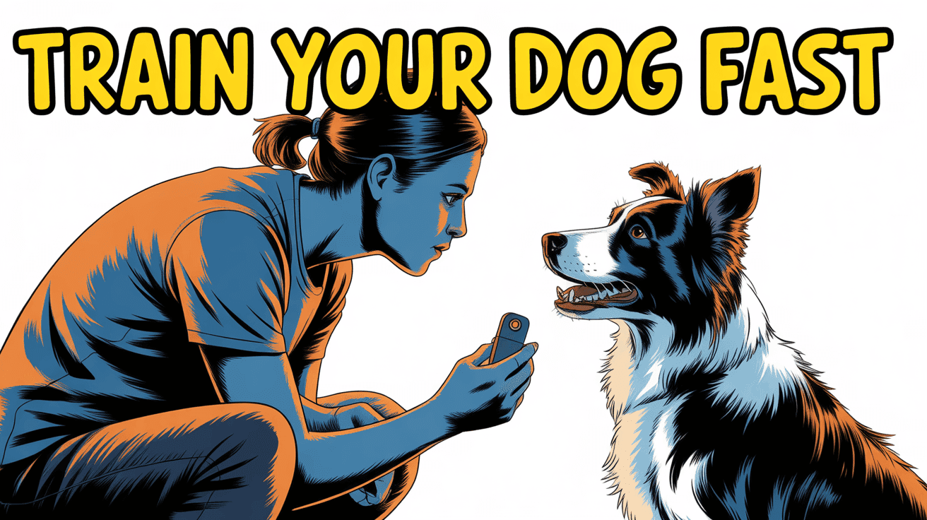 Dog trainer kneels beside attentive border collie with bold TRAIN YOUR DOG FAST headline