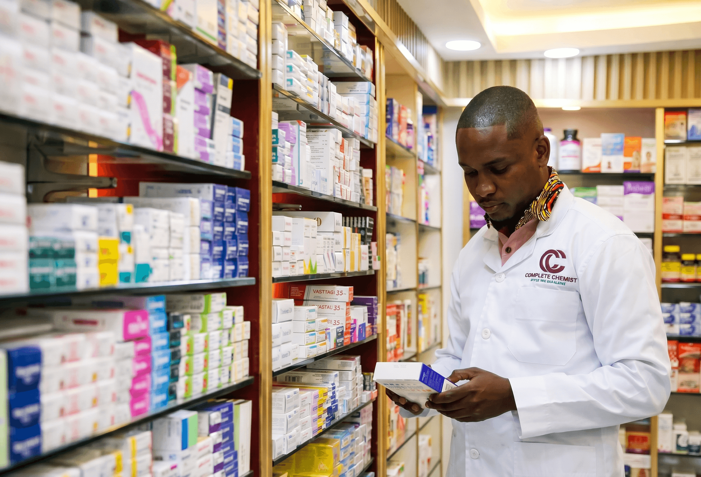 Pharmacist carefully reviewing a pharmaceutical medication in a modern, high-end pharmacy, representing professional healthcare, authentic medications, and trusted patient care in Accra.