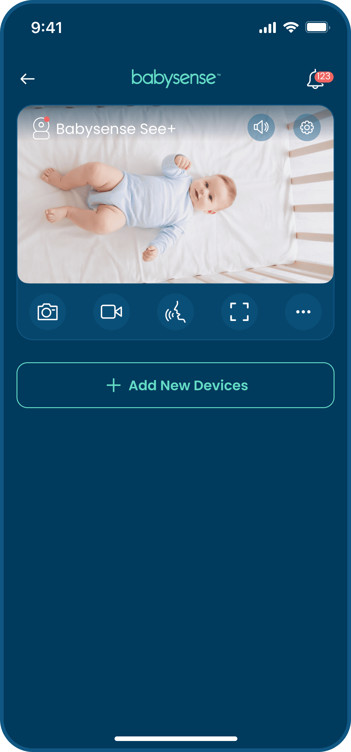 home screen of babysense mobile app with paired baby video monitor