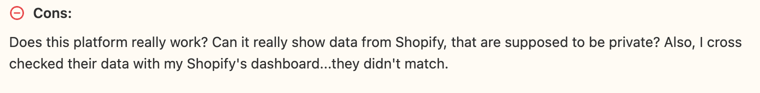 Text noting sales are modeled estimates and questioning Shopify data accuracy