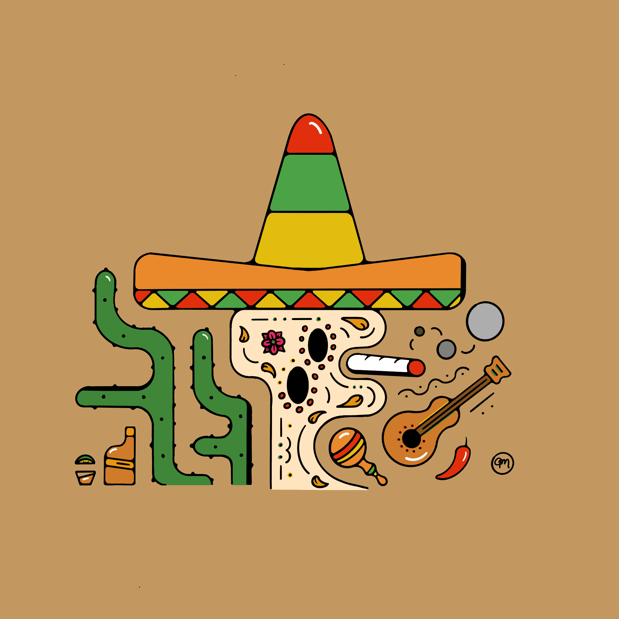 Commissioned doodle piece of a figure wearing a sobrero, surrounded by cacti, maracas, tequila, guitar, peppers and marijuana.