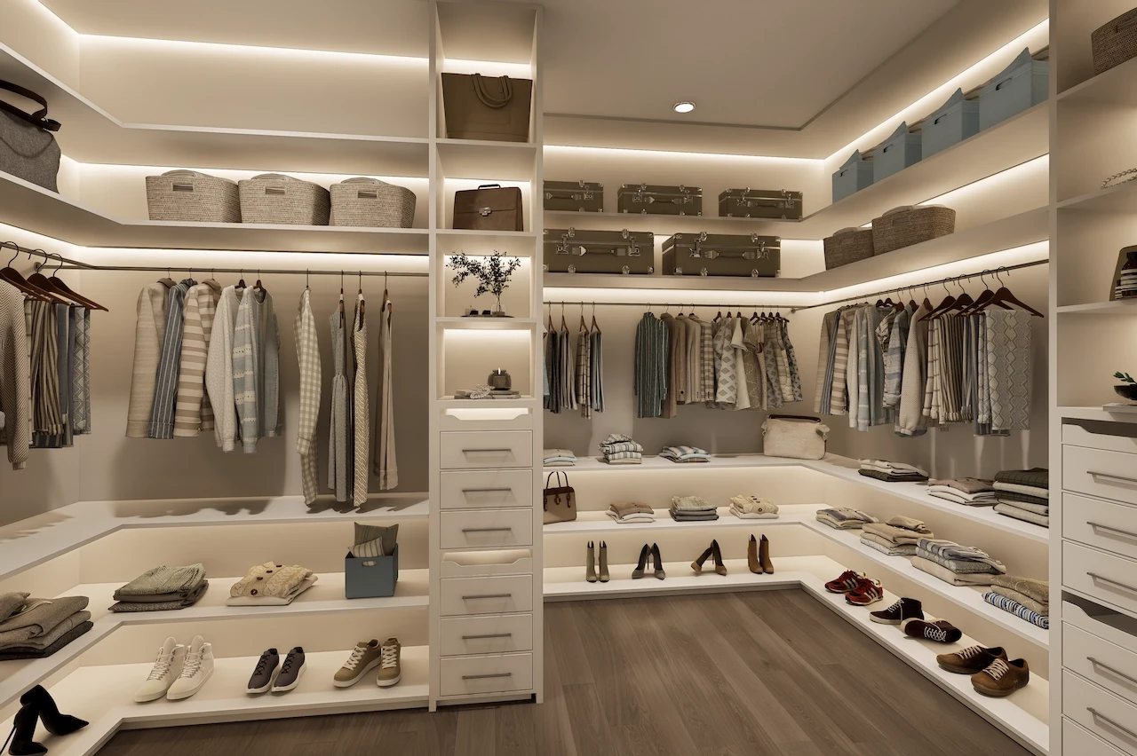 Detailed 3D render of a luxury walk-in closet with built-in shelves, organized clothing, and ambient lighting. Created by 3D CBA.