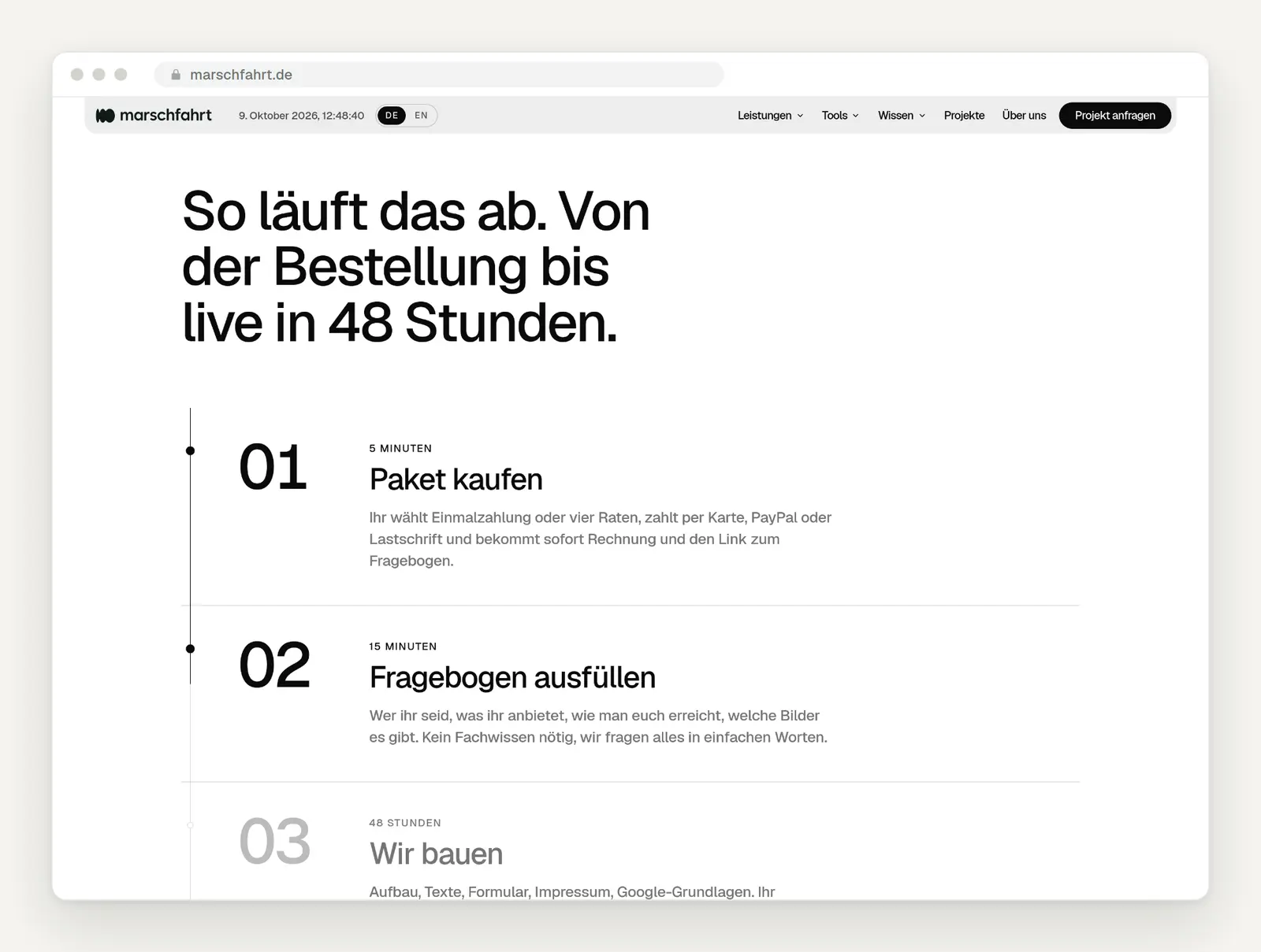 Ablauf auf einer Landingpage in nummerierten Schritten mit Zeitangaben