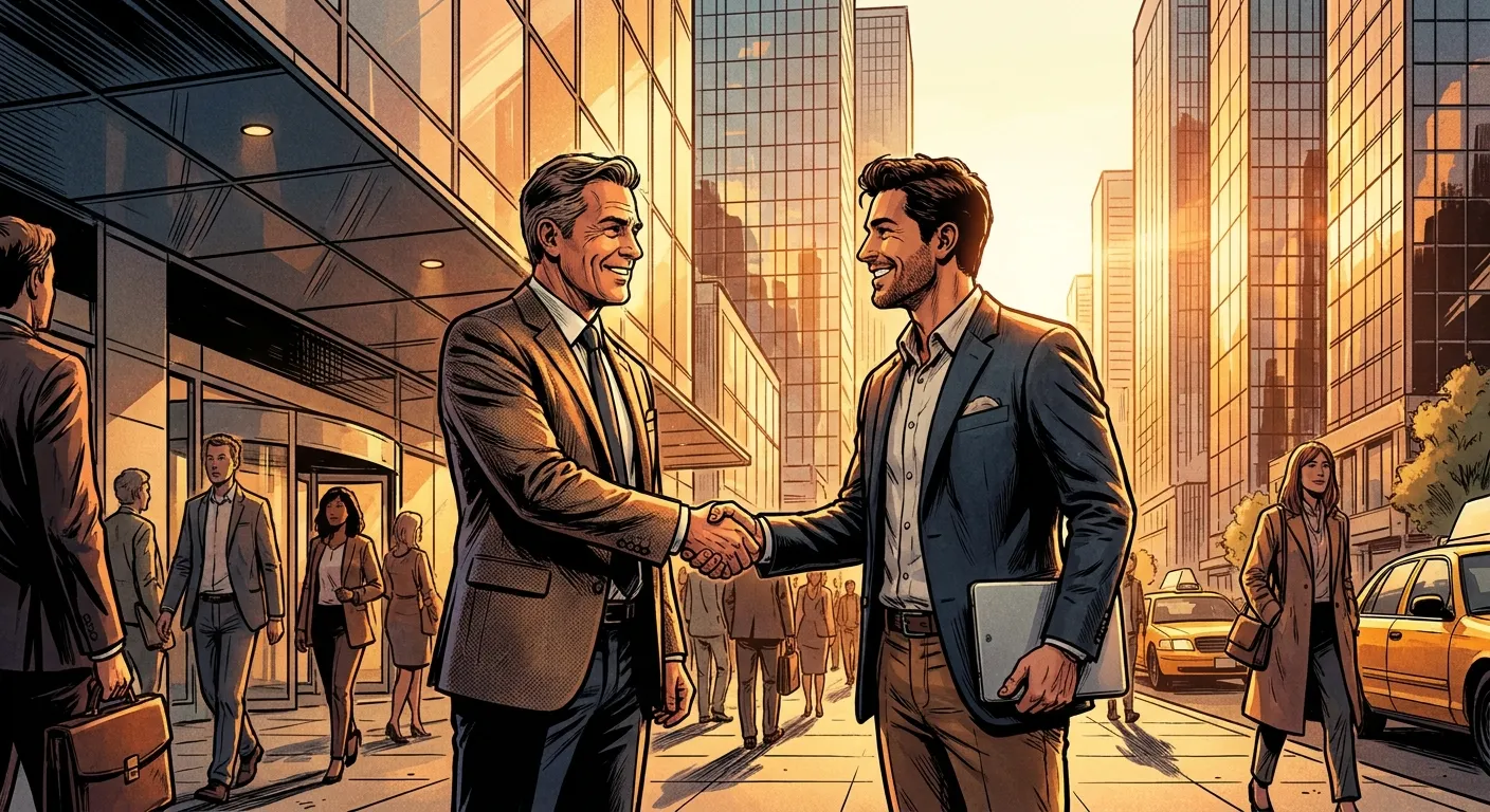 Businessmen handshake in city at sunset, RockN' Socials Digital Marketing Agency.