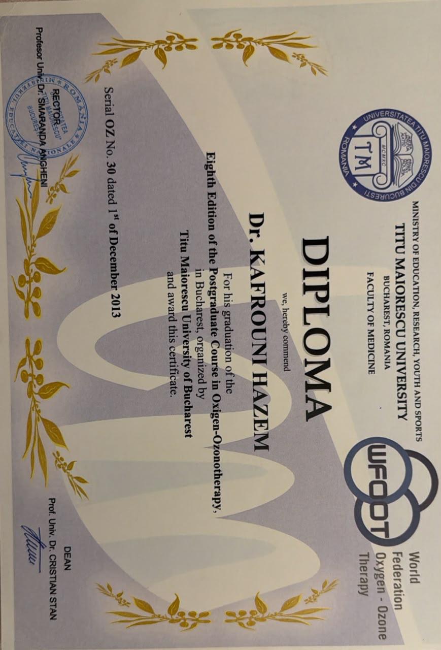 Dr. Hazem Kafrouni postgraduate diploma in oxygen ozone therapy