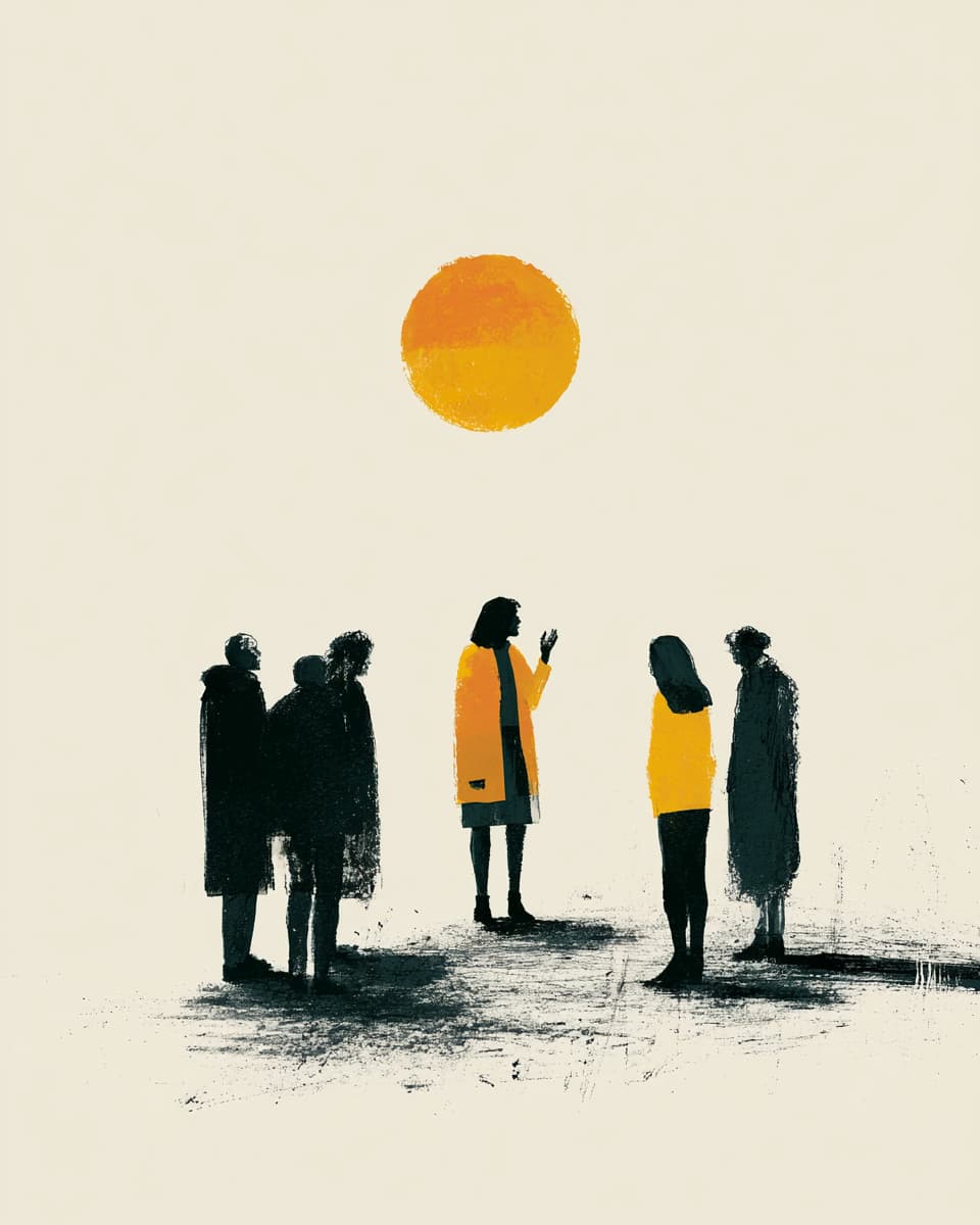 Illustration: Menschen unter der Sonne, abstrakte Szene, Kunst
