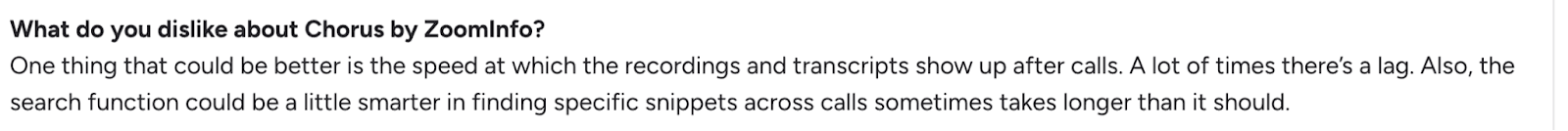 User review mentioning delays in recordings and transcript availability in Chorus by ZoomInfo