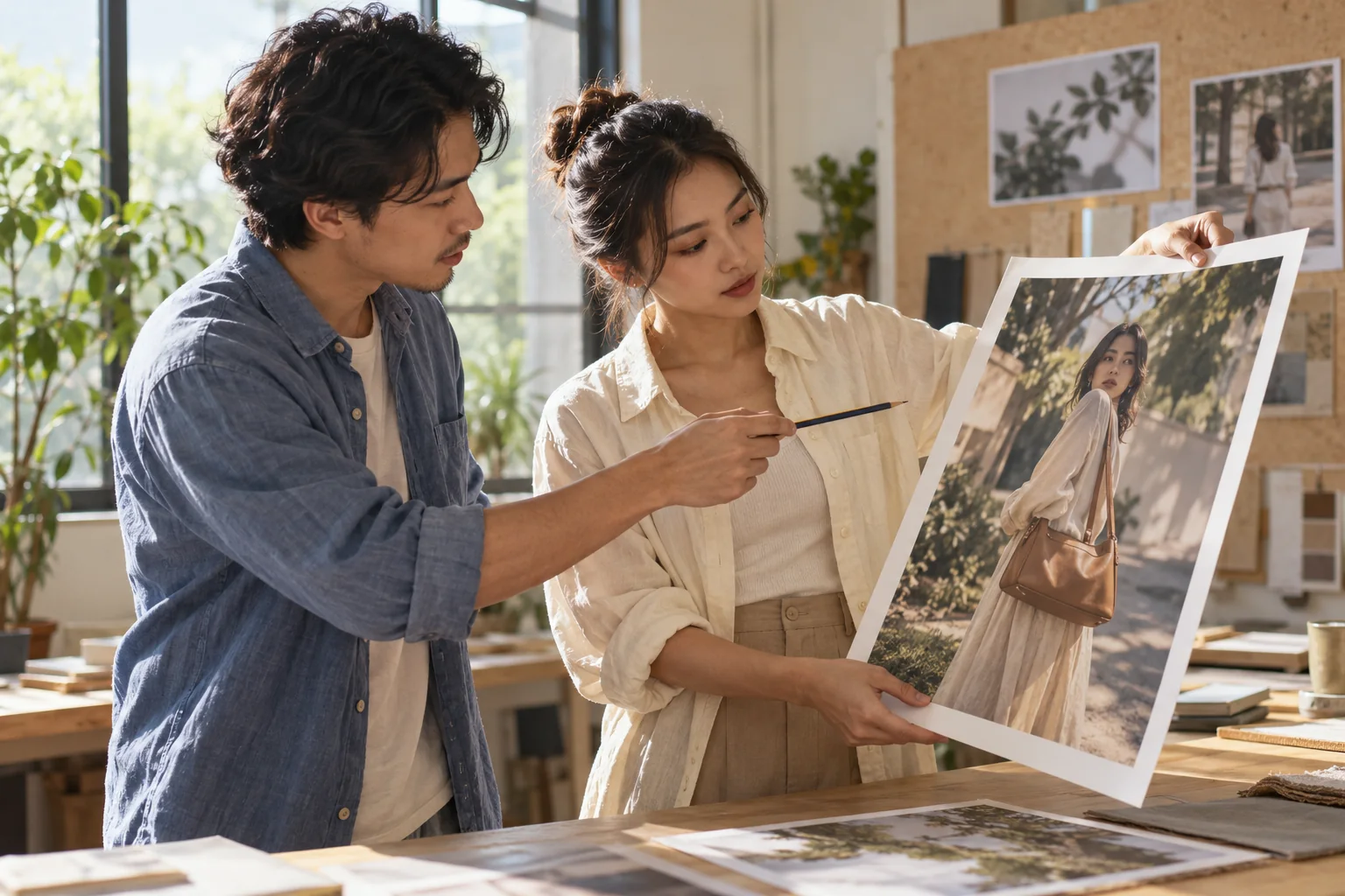 Two creative collaborators reviewing a printed lifestyle campaign photograph