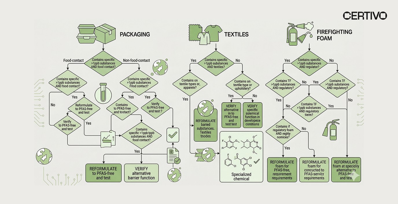 PFAS compliance workflow showing product-specific restrictions for packaging textiles and foam manufacturers