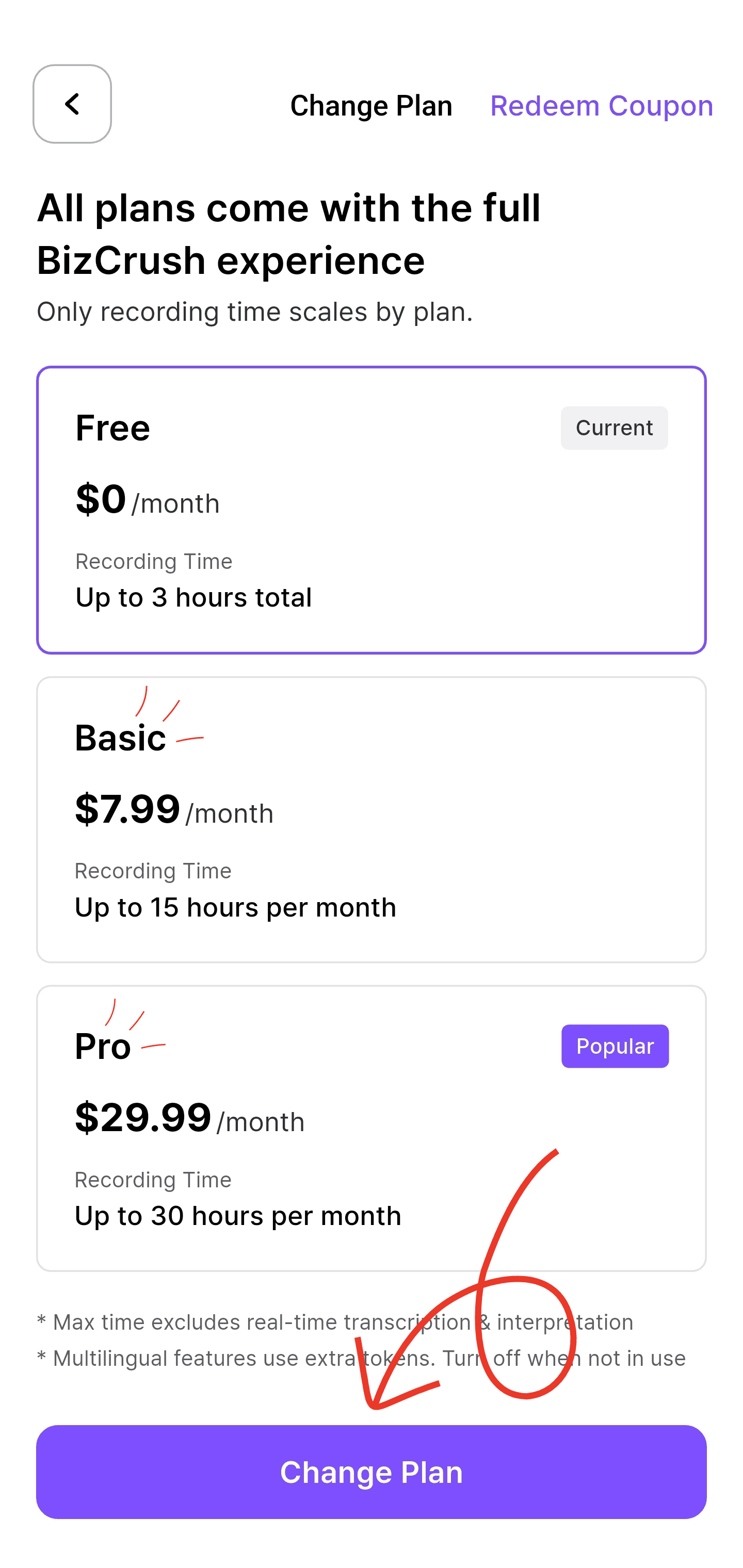 Change Plan 화면에서 Basic 또는 Pro 플랜을 선택하고 하단 Change Plan 버튼을 누르는 흐름을 보여주는 스크린샷