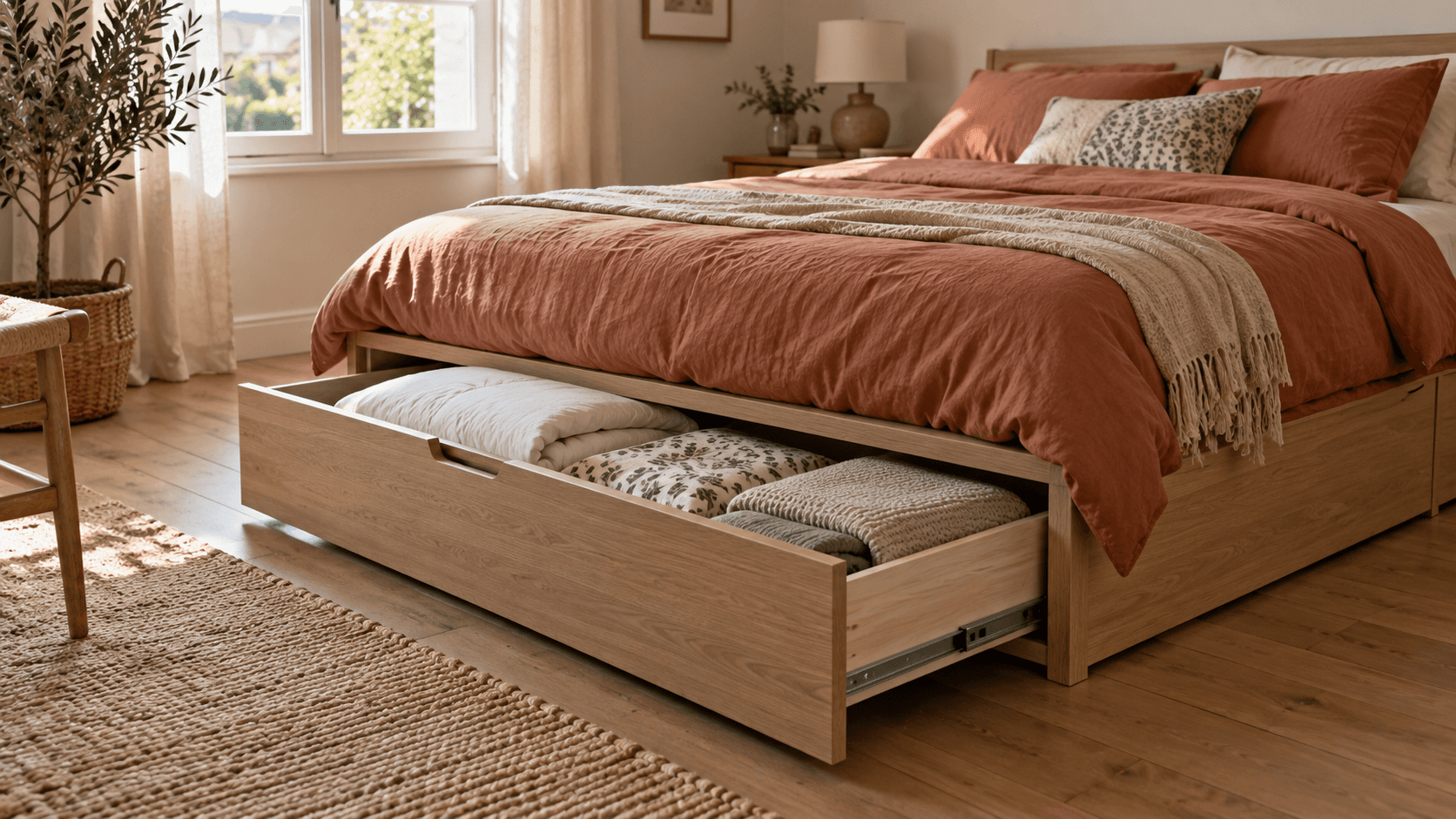 Un tiroir intégré sous un lit en bois est ouvert et contient du linge de lit plié.