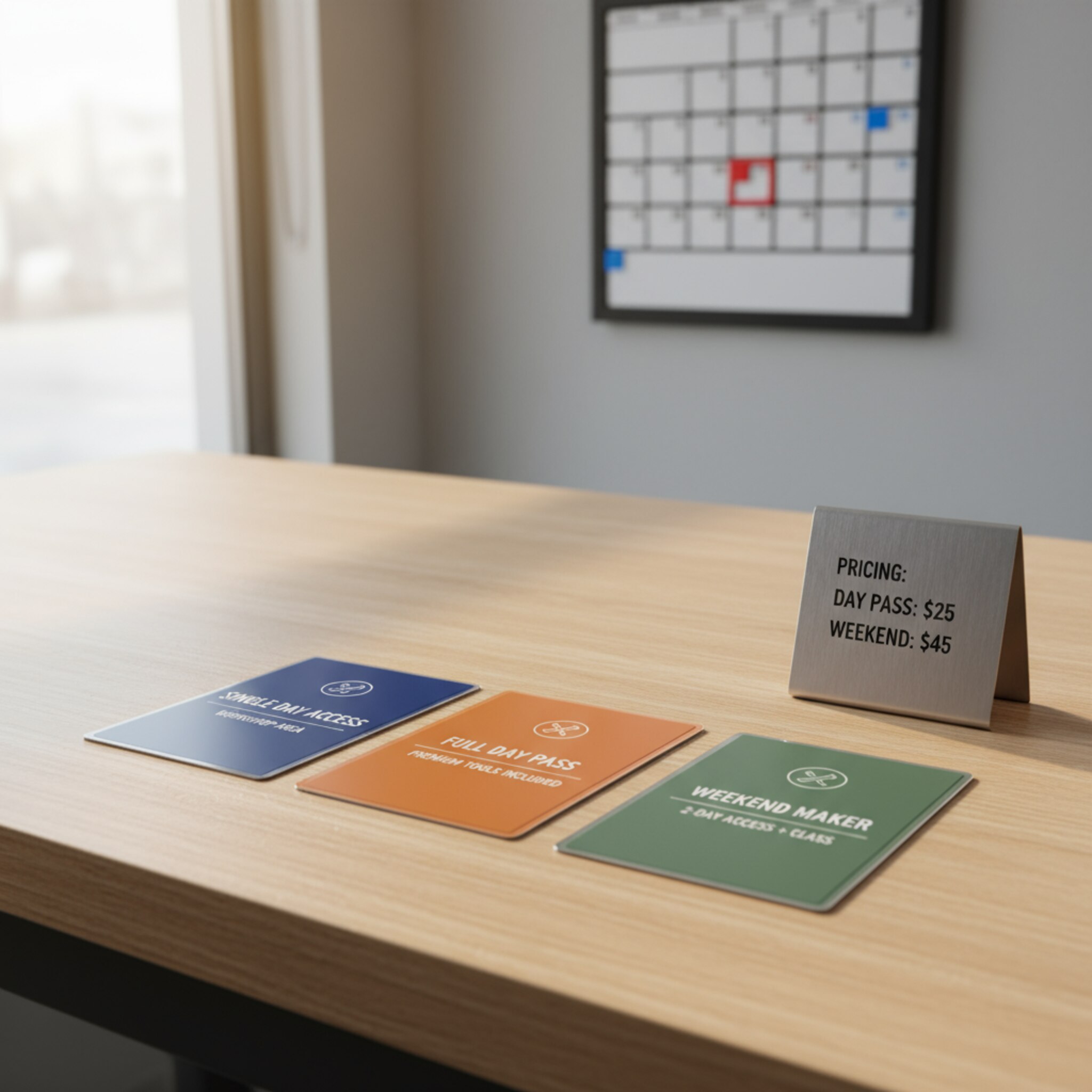 Auf einer Werkbank liegen drei farblich markierte Tagespässe neben einem kleinen Schild mit klaren Preisstaffeln. Ein Magnetkalender hebt Wochenendtage hervor. Das Licht ist warm, Schatten sind weich gezeichnet. Die Ordnung auf der Fläche lässt flexible Angebote und faire Regeln unmittelbar verständlich wirken.