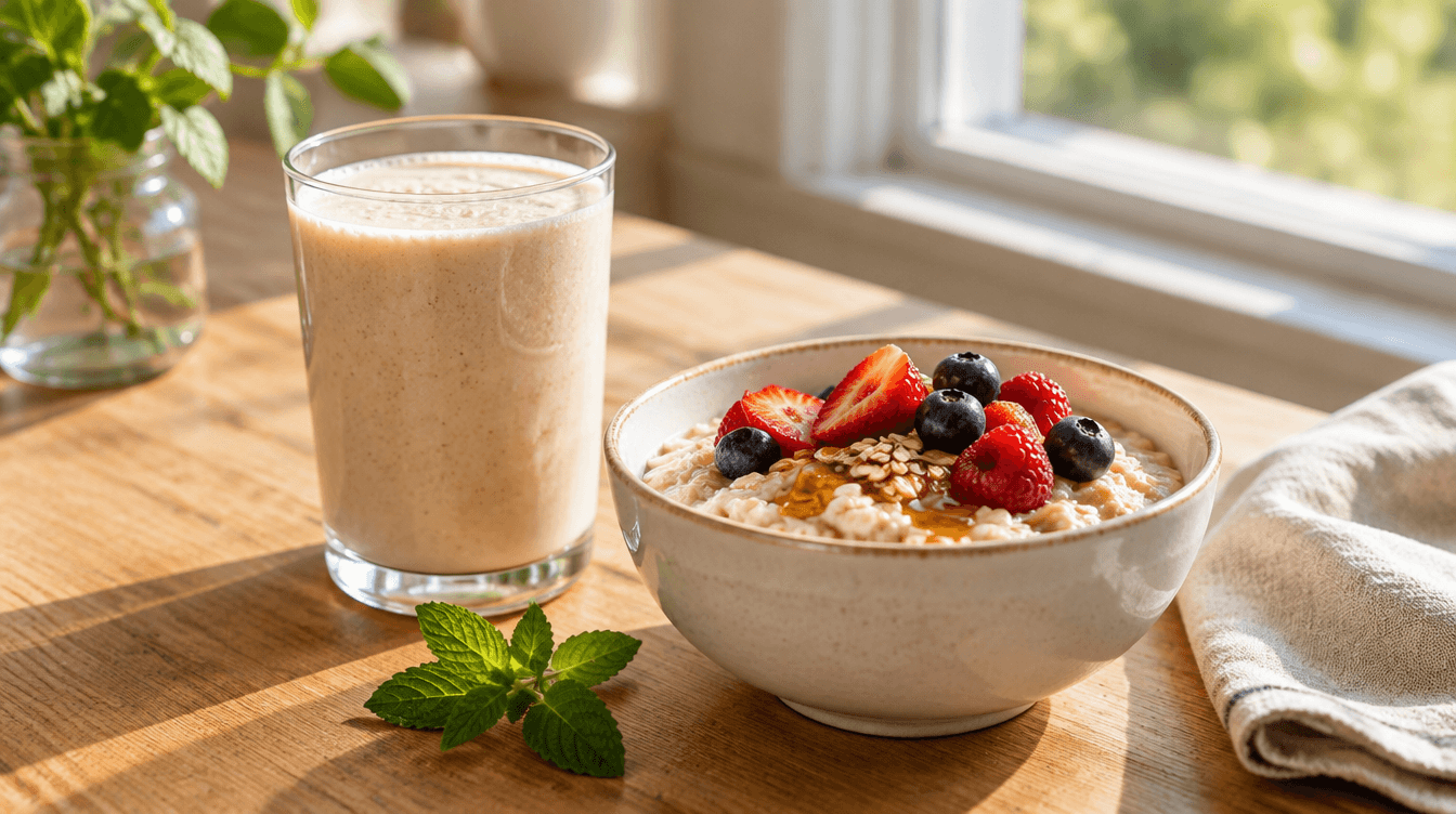 A creamy protein shake beside a small bowl of oats with fresh berries and honey on a sunlit wooden table.