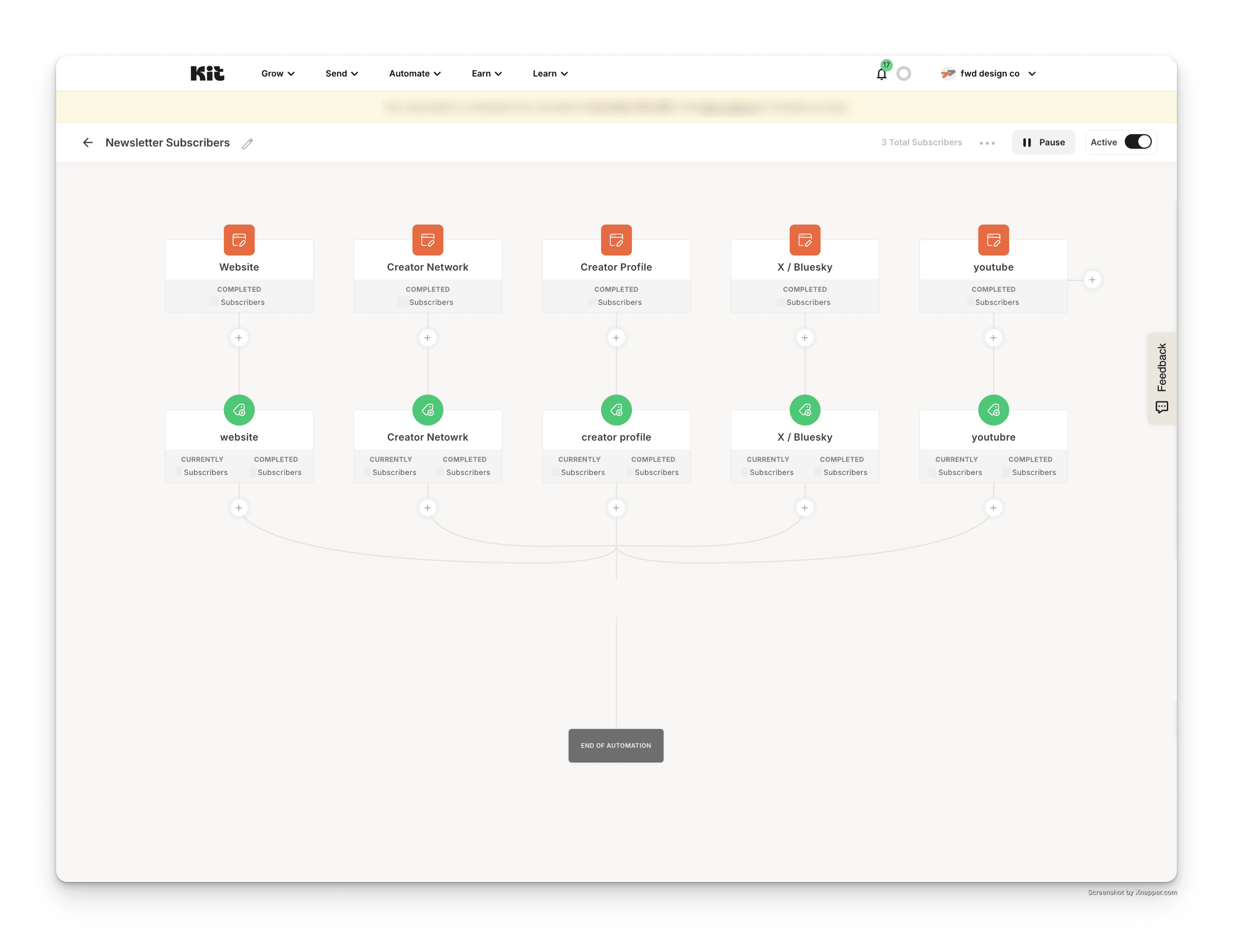 Automated subscriber segmentation flow for newsletter opt-ins across website, social, and content channels.