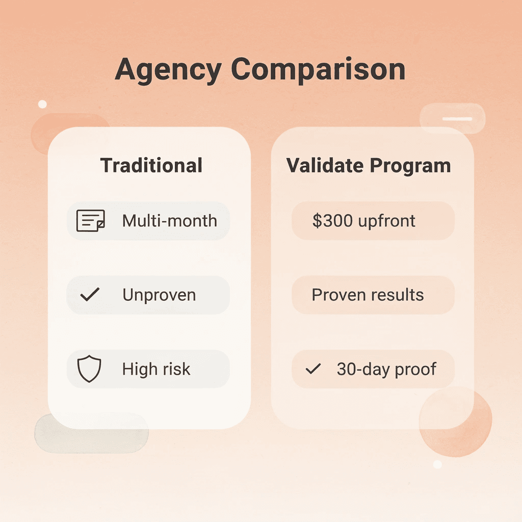 Comparison table between traditional agencies and validate program - Best SearchGPT SEO Agency