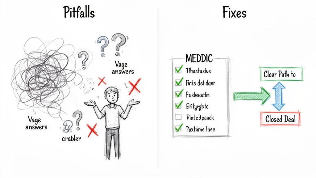 Sales pitfalls (confusion, vague answers) contrasted with MEDDIC sales methodology for a clear path to a closed deal.