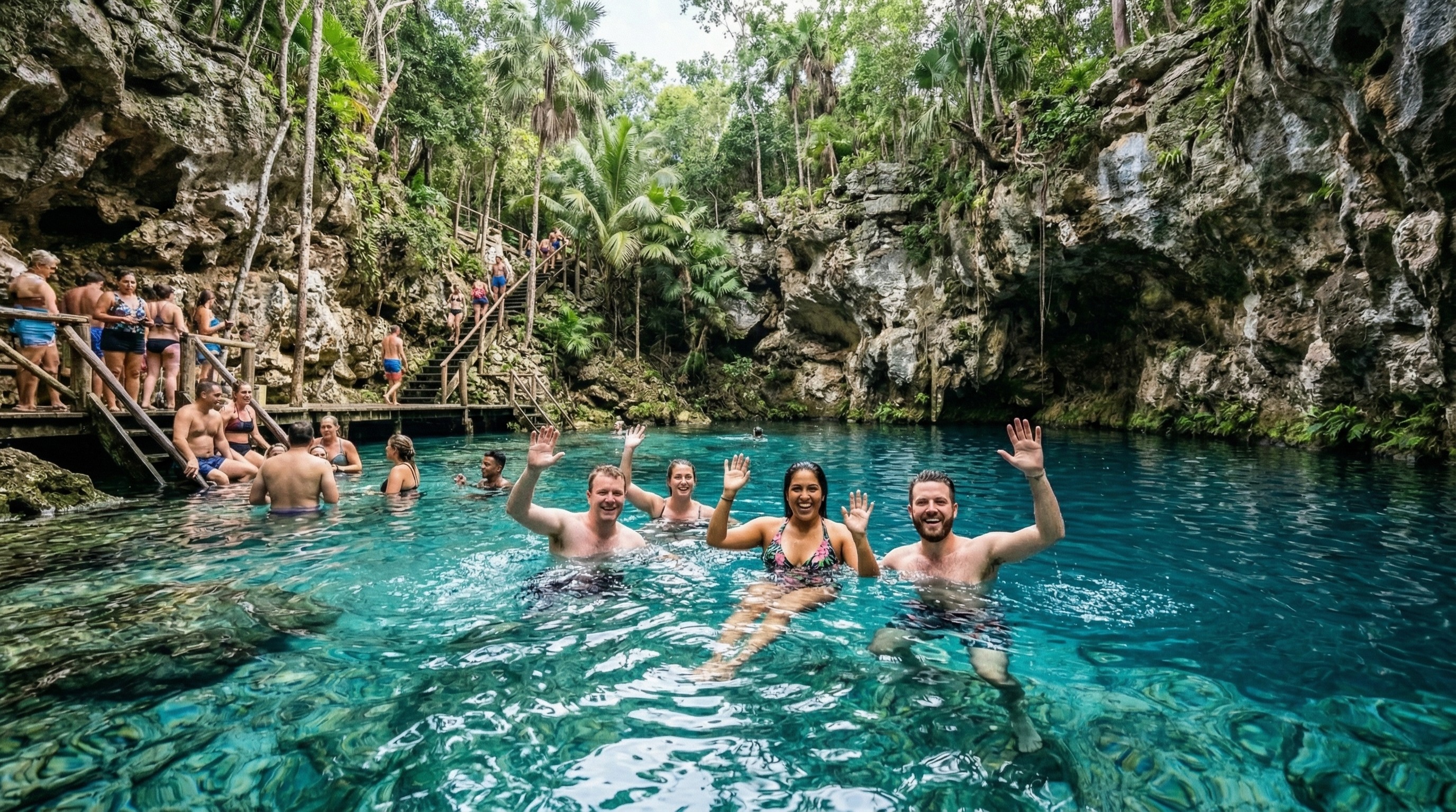 Four people waving while swimming in Blue Lagoon