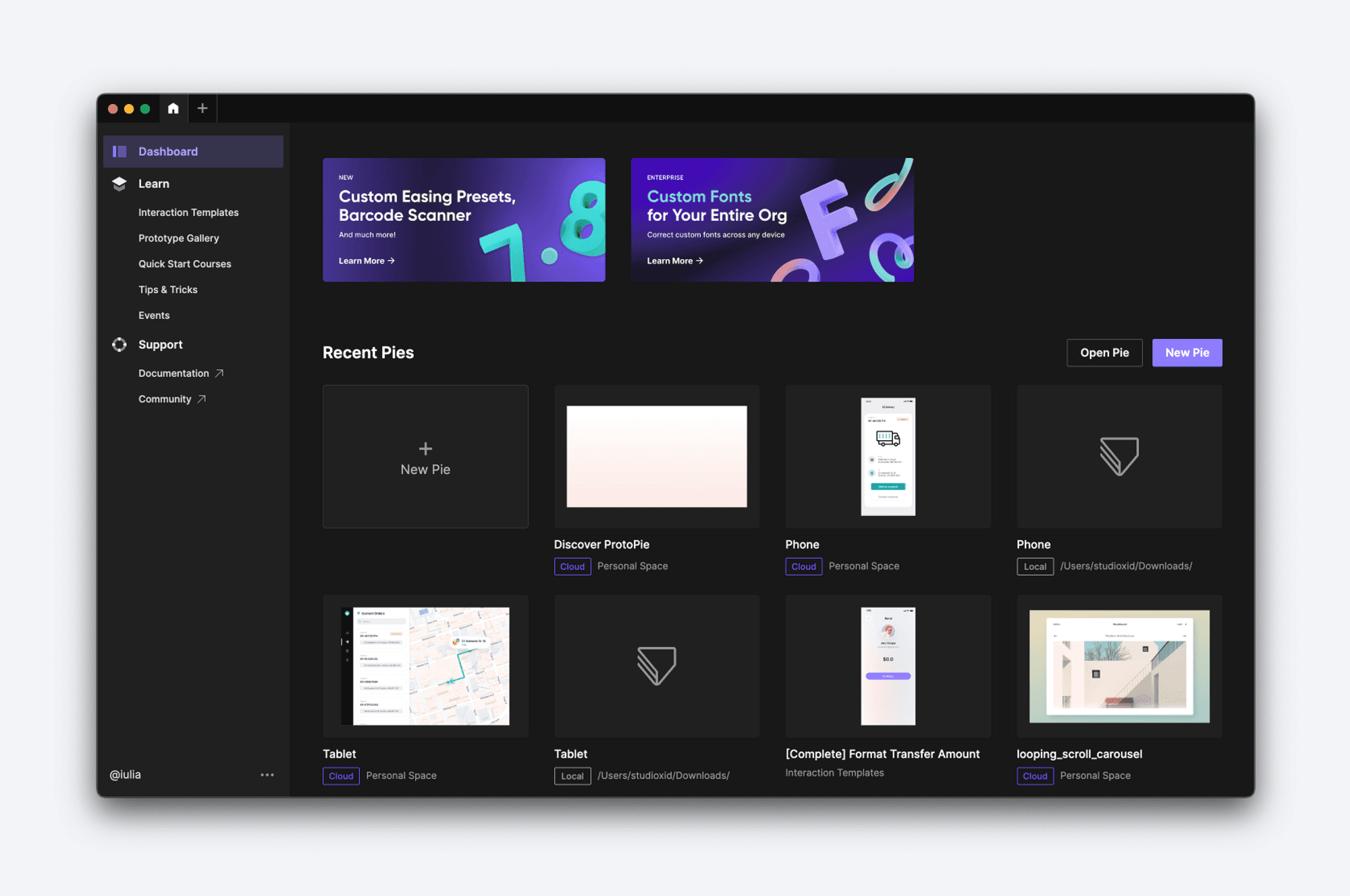 {'_type': 'localeString', 'en': 'dashboard inside protopie studio'}