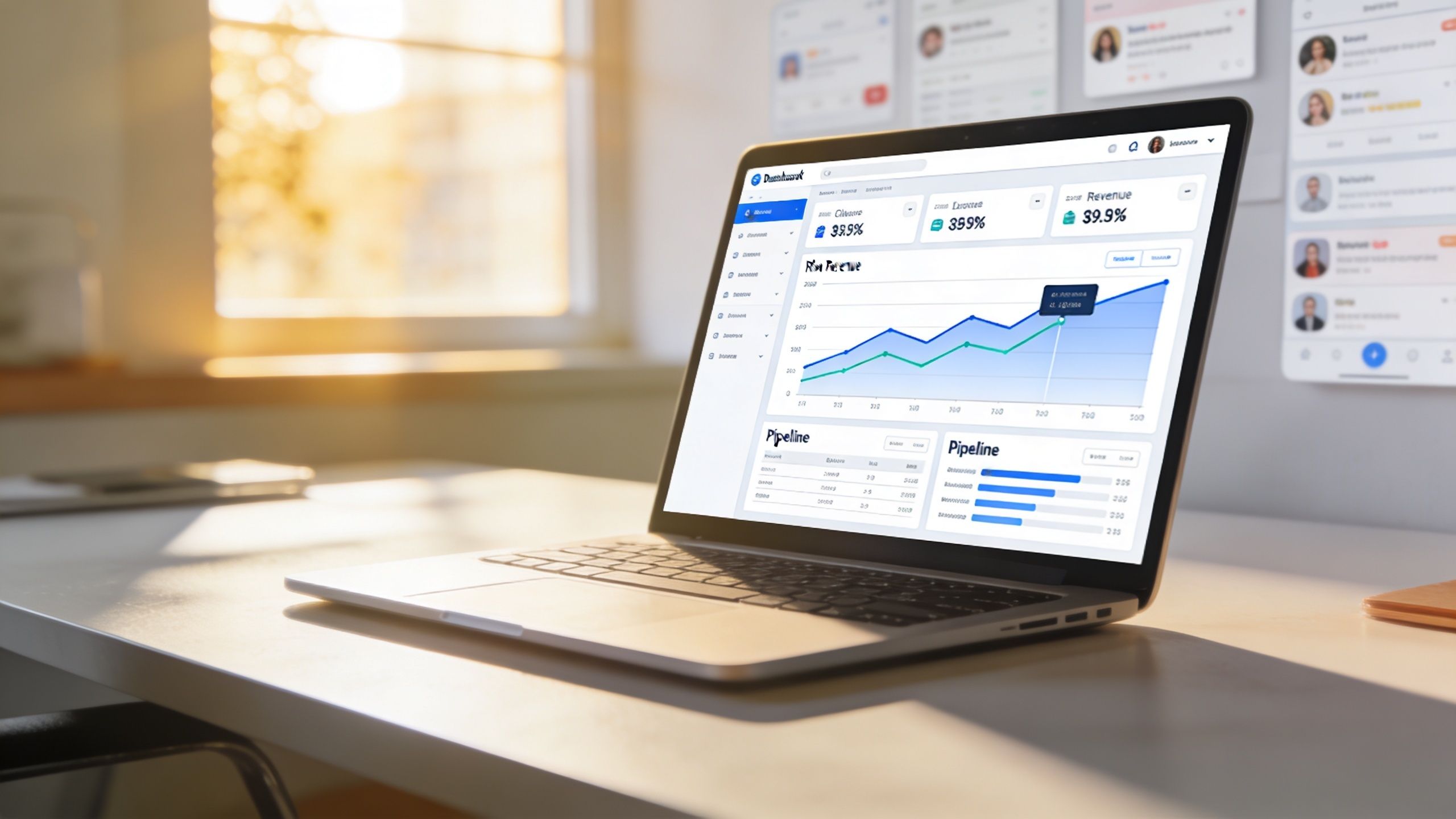 A modern laptop displaying a business analytics dashboard with charts on a clean office desk workspace.