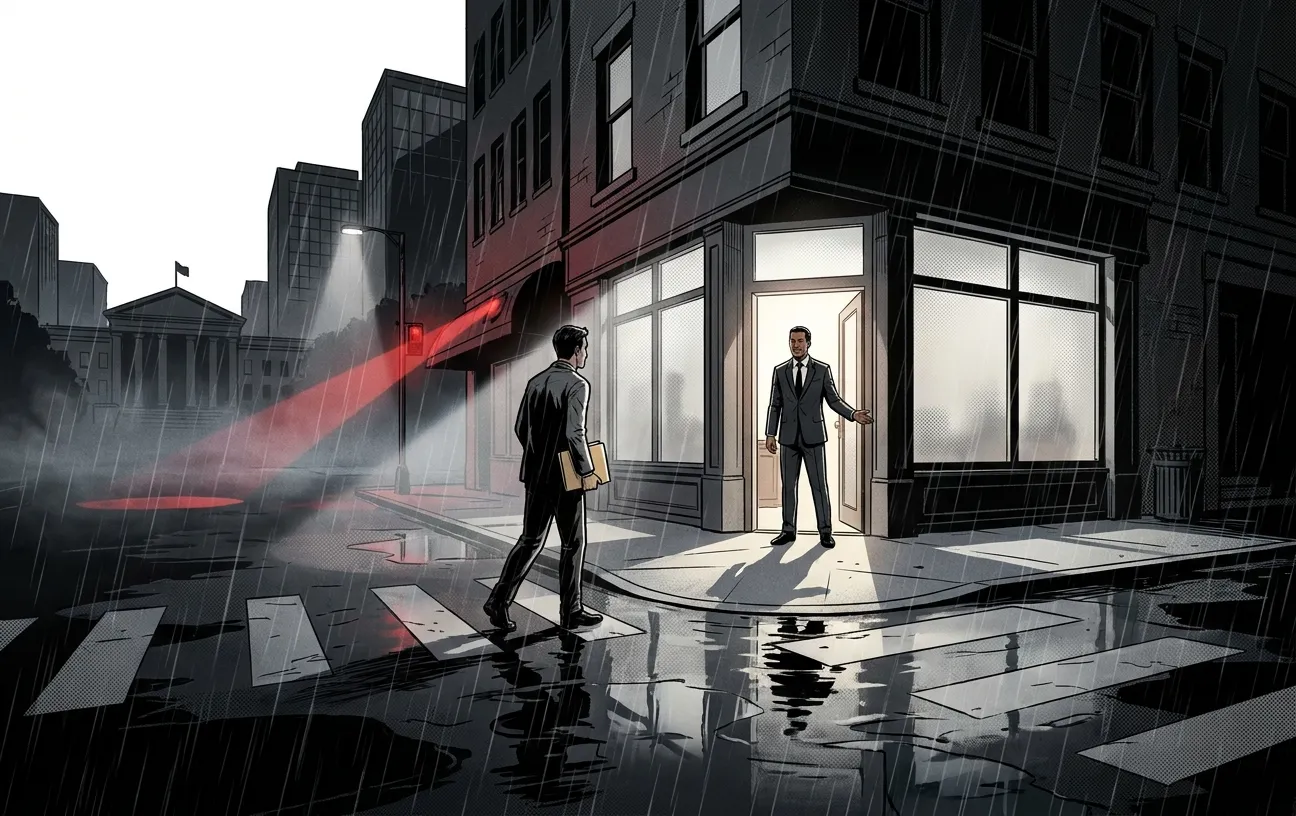 Man entering glowing doorway, representing RockN' Socials Digital Marketing Agency.