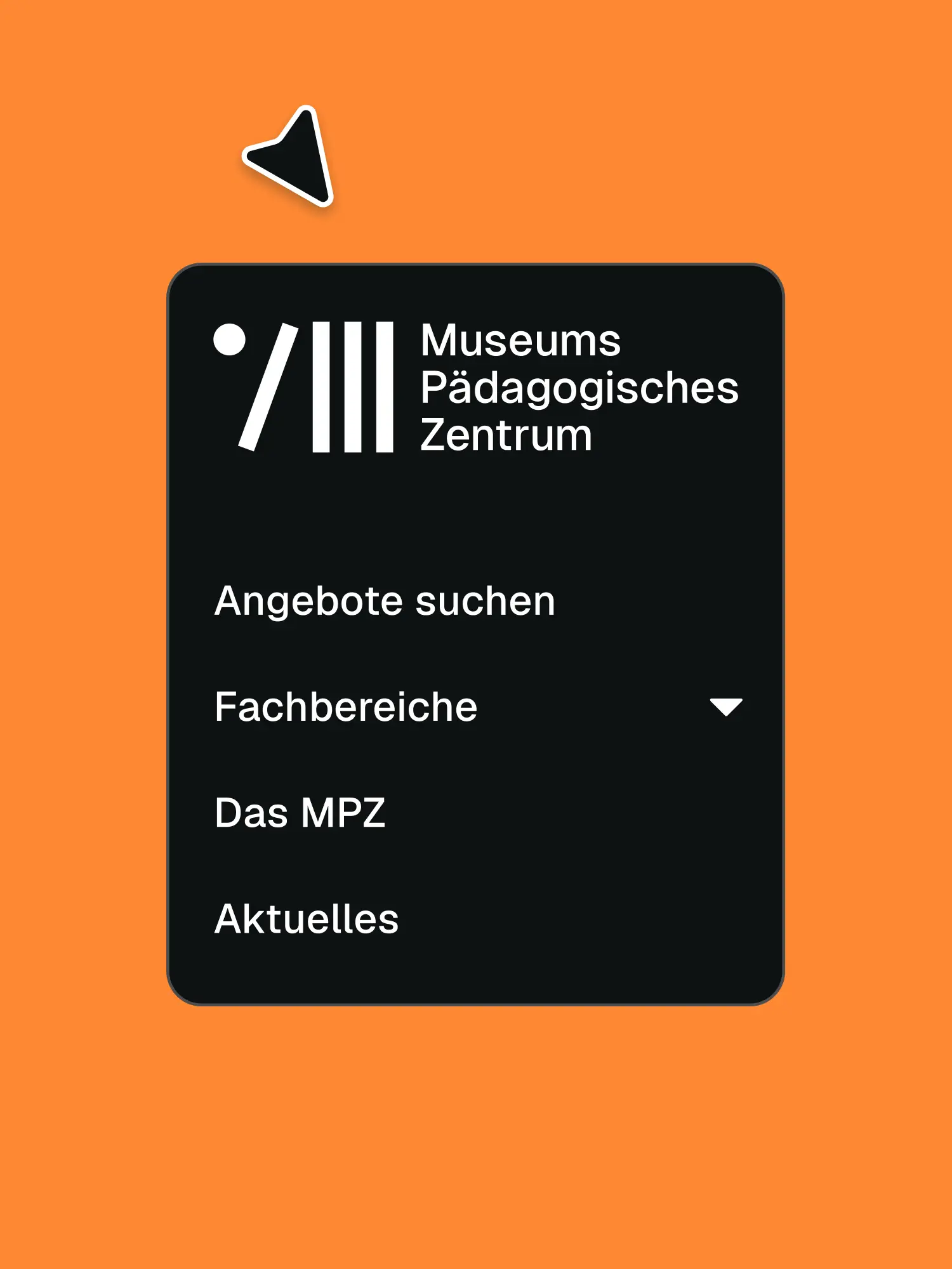 MPZ-Navigationsmenü auf Orange mit Logo und Menüpunkten, Mauszeiger sichtbar