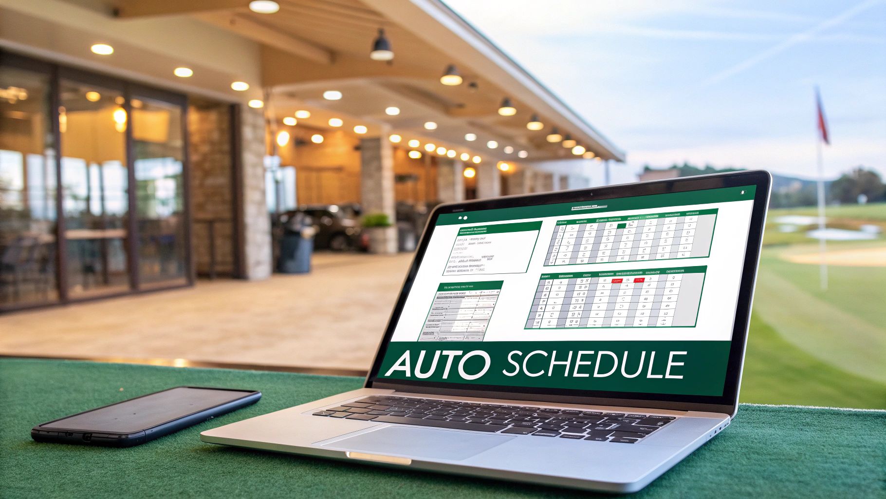 A laptop displays an auto schedule application on a golf course patio with a smartphone nearby.