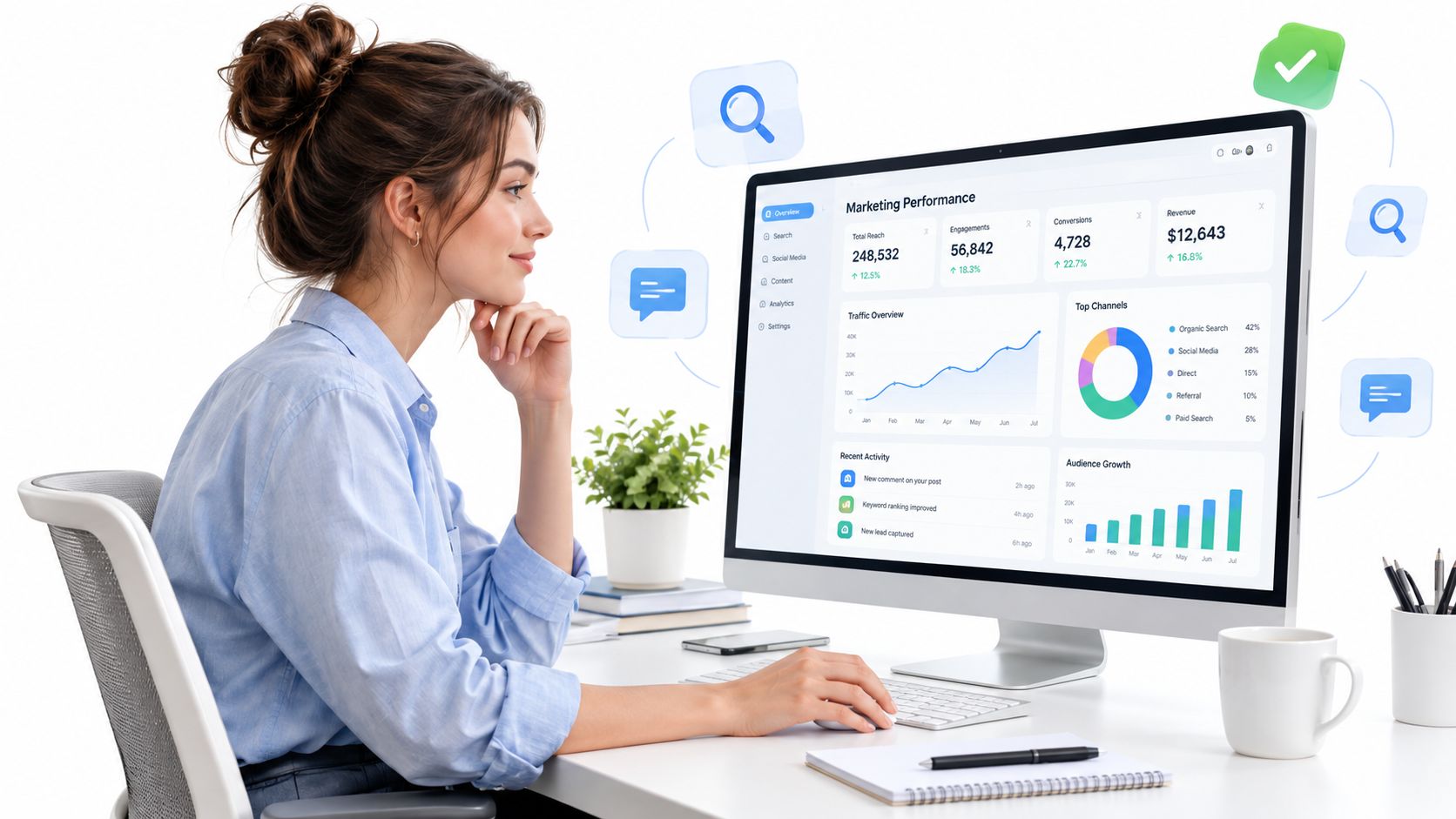 A professional woman viewing social media analytics and marketing performance metrics on her office computer monitor.