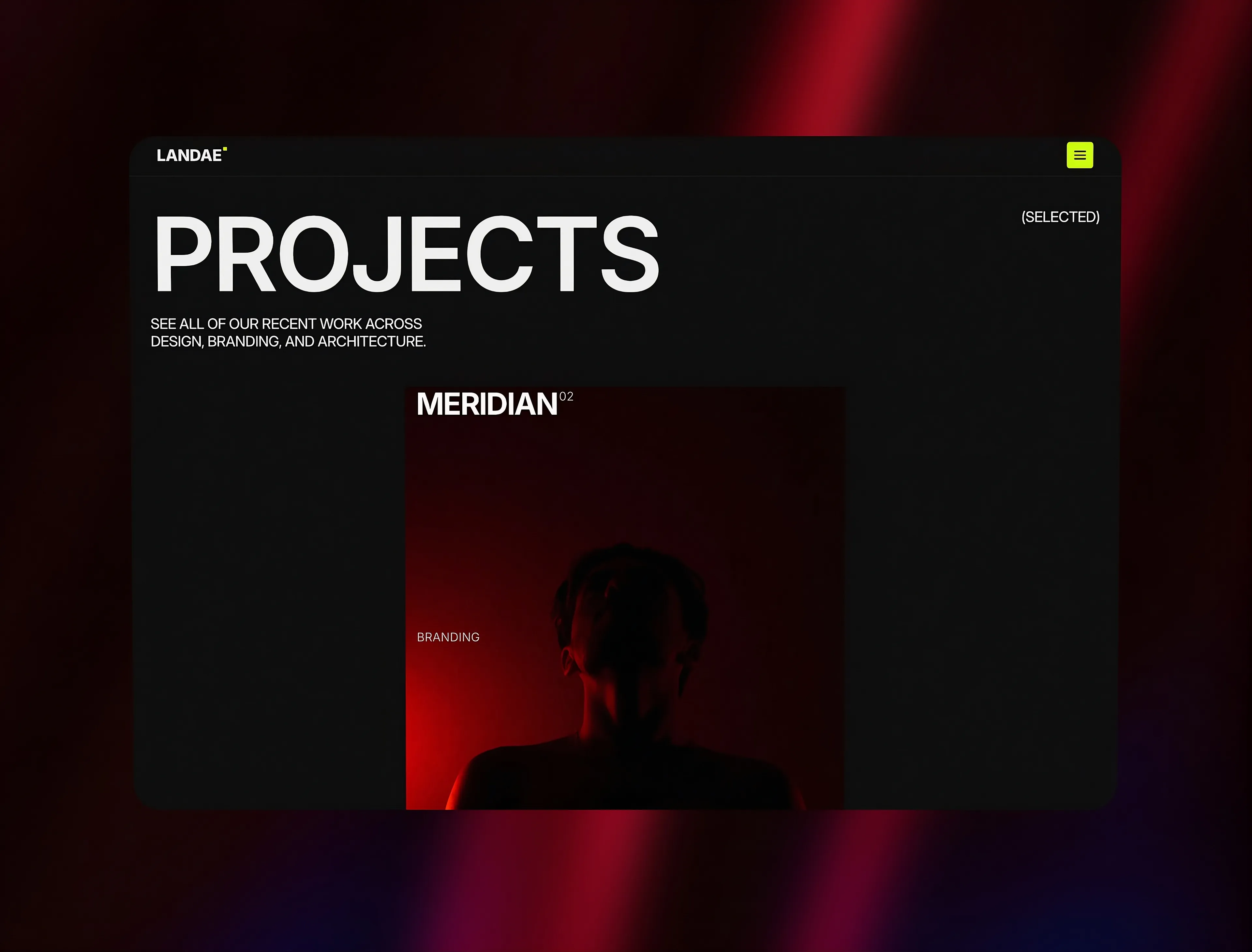 Landae Framer template projects page - portfolio grid showing the "Meridian" branding project preview.
