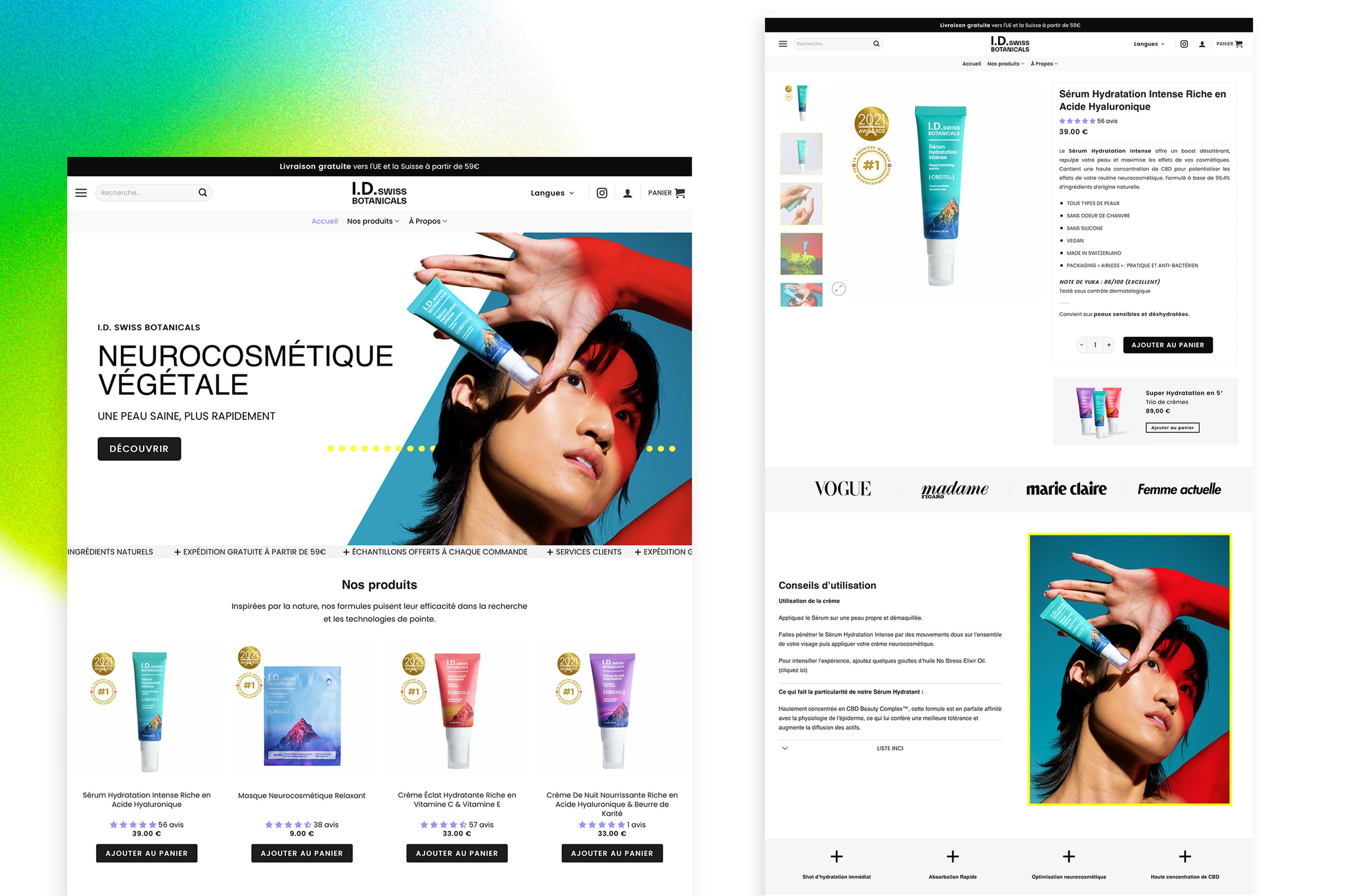 I.D. Swiss Botanicals e-commerce experience including homepage and product detail page designed to deliver a premium skincare journey
