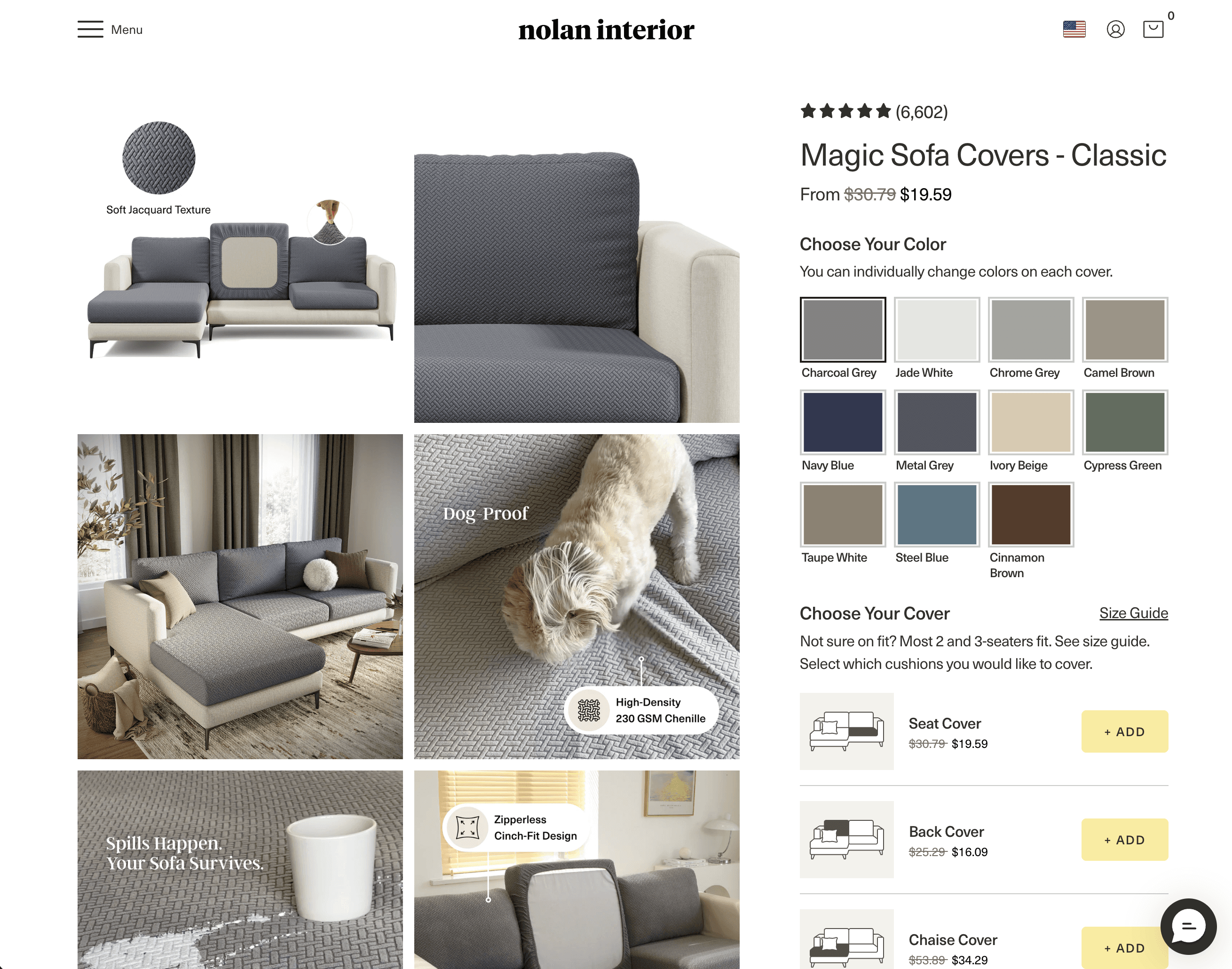Nolan Interior modular sofa cover configurator with color swatches and section-based size selection