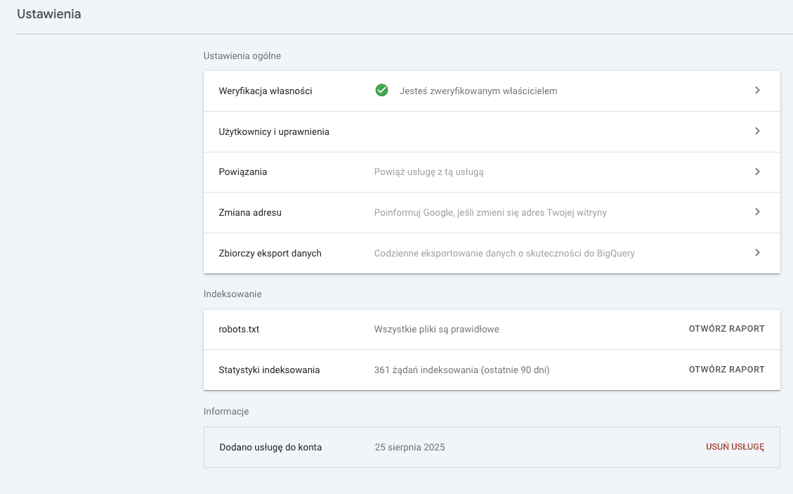 gsc - ustawienia konta