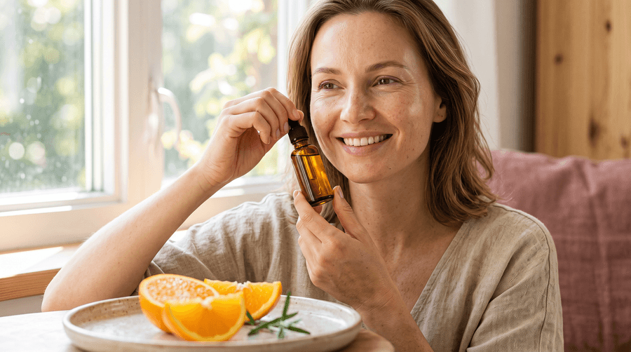Frau hält am Morgen eine Pipettenflasche mit Serum, im Vordergrund Orangenscheiben (KI-generiert)