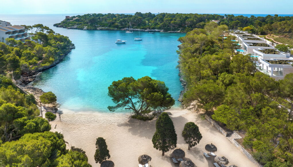 Drohnenansicht einer malerischen, geschützten Badebucht mit kristallklarem, türkisfarbenem Wasser, umgeben von dichten Pinienwäldern und modernen Hotelgebäuden.
