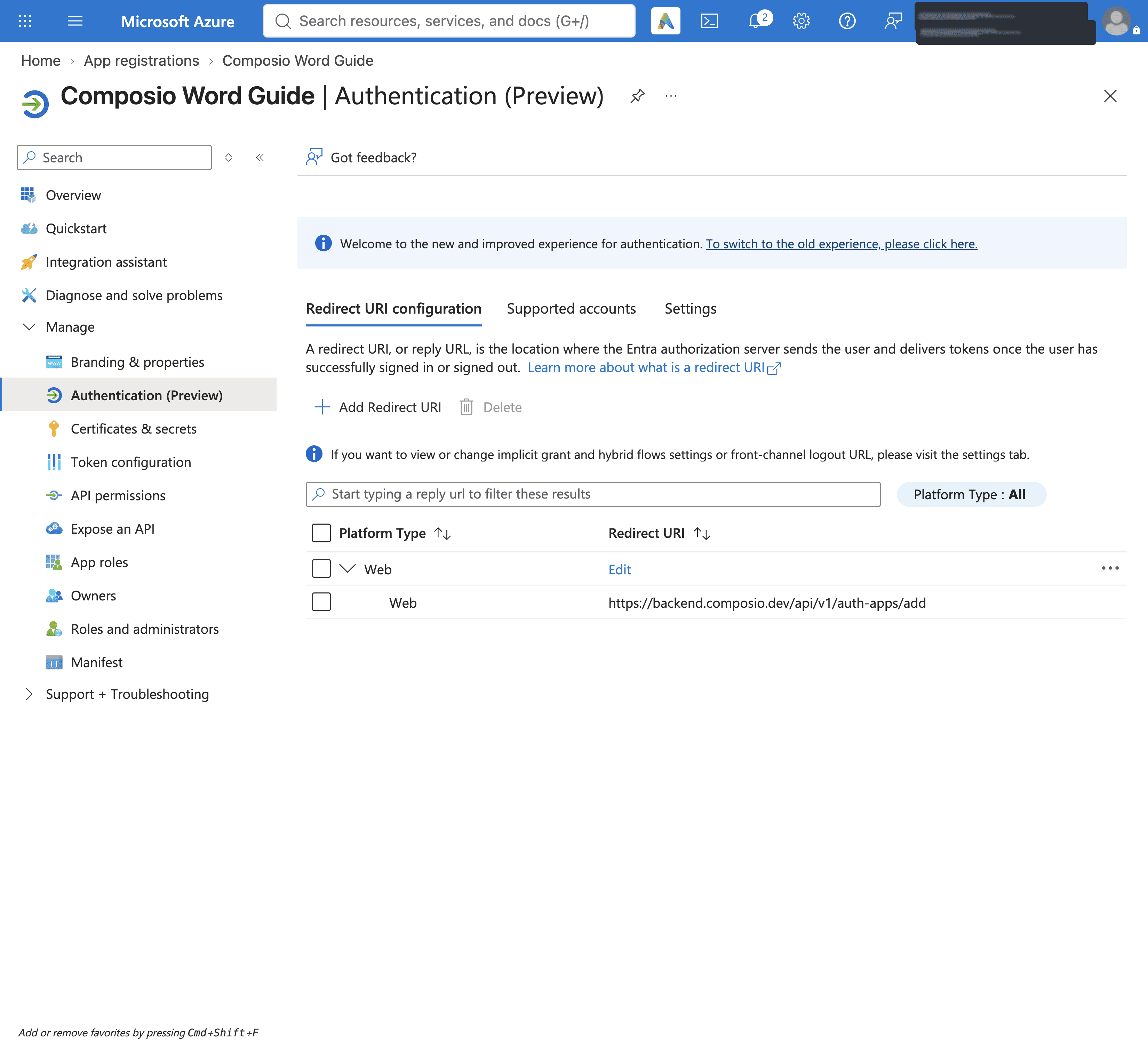 Authentication page showing the Composio redirect URI under Web