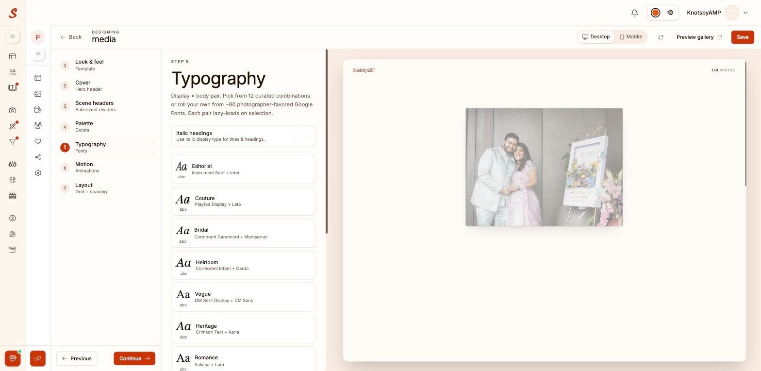 Samaro Gallery Design Typography step showing curated display-and-body font pairing options for a wedding gallery