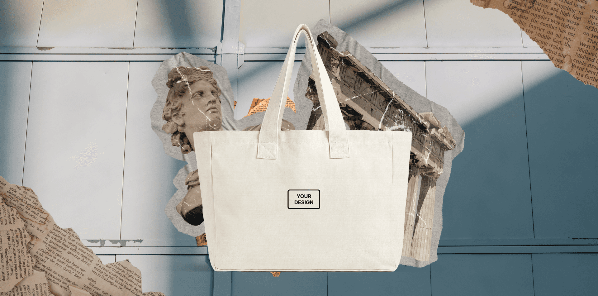 Large cream canvas tote bag with custom logo area and reinforced handles displayed in a premium collage setting.