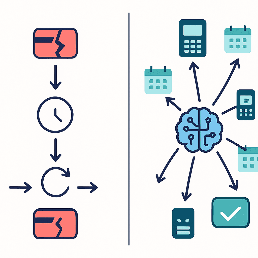 Side-by-side graphic contrasts static retry flow with AI-driven adaptive recovery network