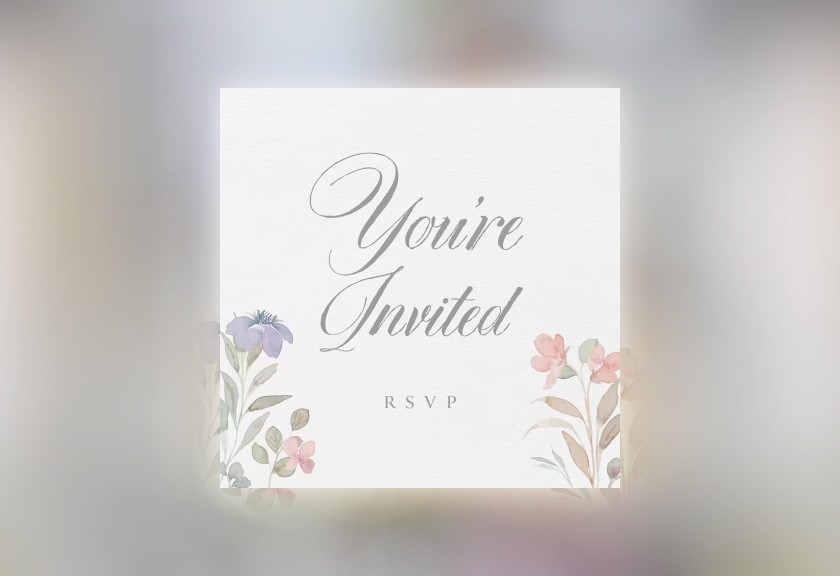 Clean and romantic baby shower invite with floral border illustrations and muted “You’re Invited” text in a frosted finish.