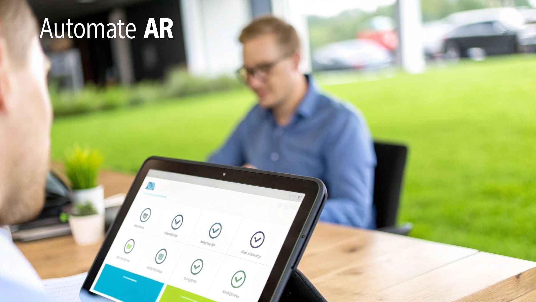 Business professionals using tablet displaying accounts receivable automation software with checkmark interface outdoors