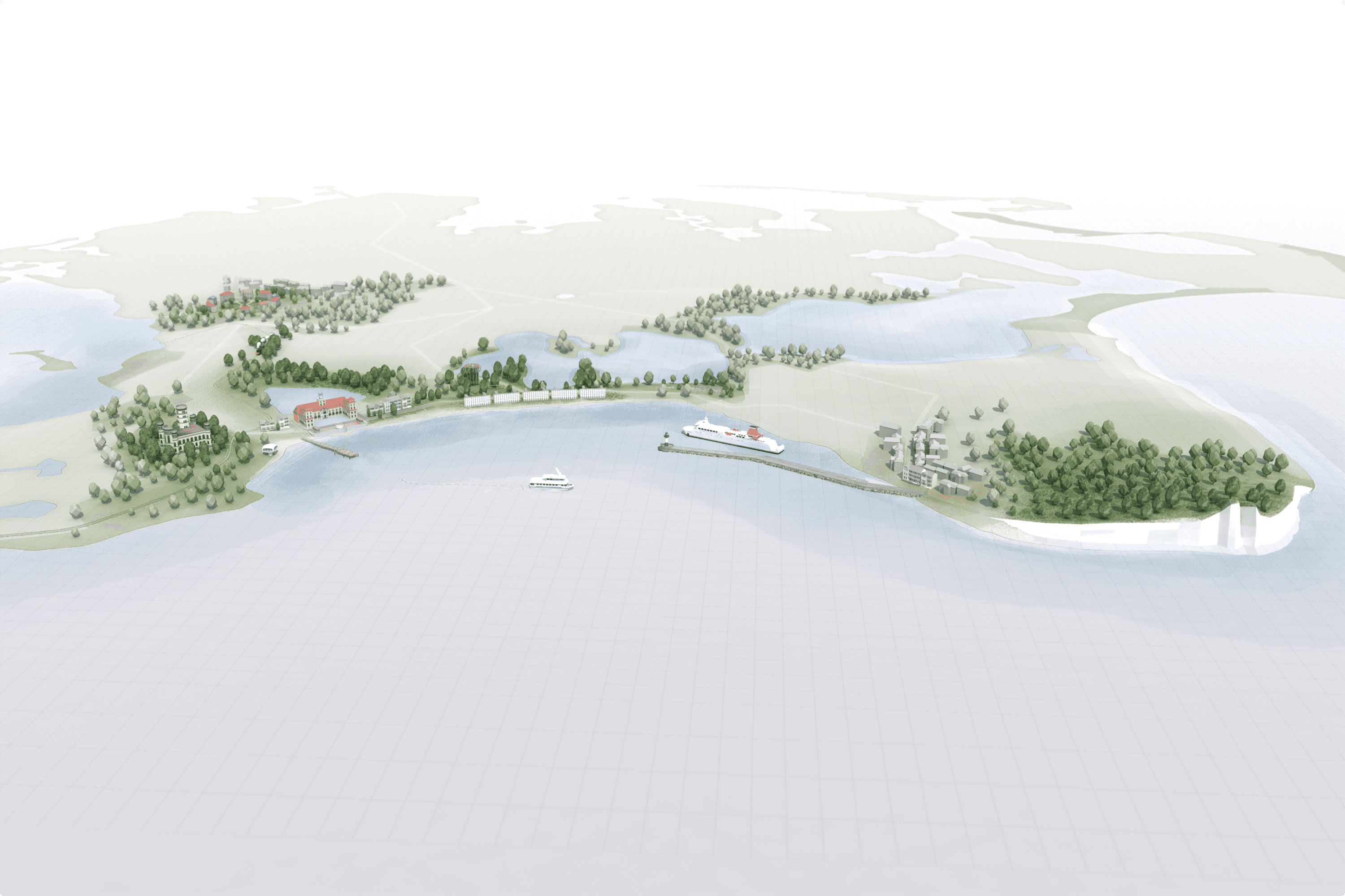 Coastal area with buildings, trees, and a ferry.