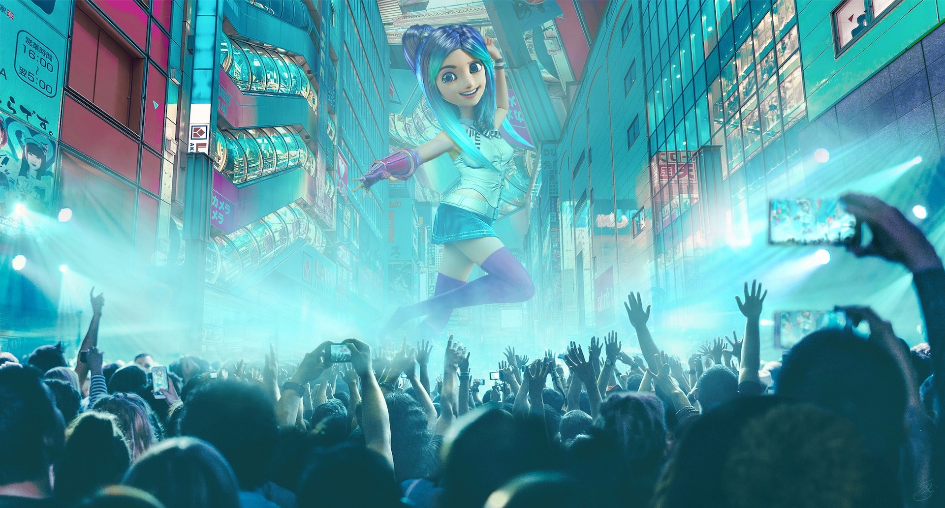 Concept Design of a virtual singer towering over the fans