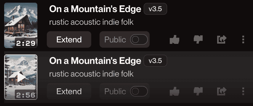 Suno generated song output titled "On a Mountain's Edge""